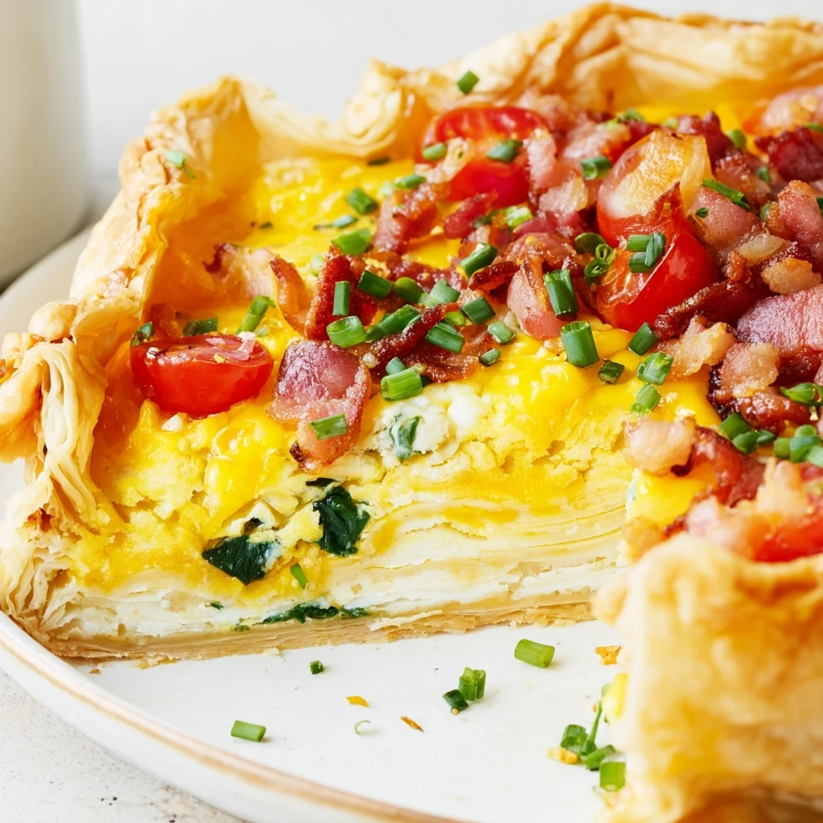 Warm family breakfast tart featuring golden puff pastry, cheddar cheese, spinach, and green onions garnished with fresh chives.