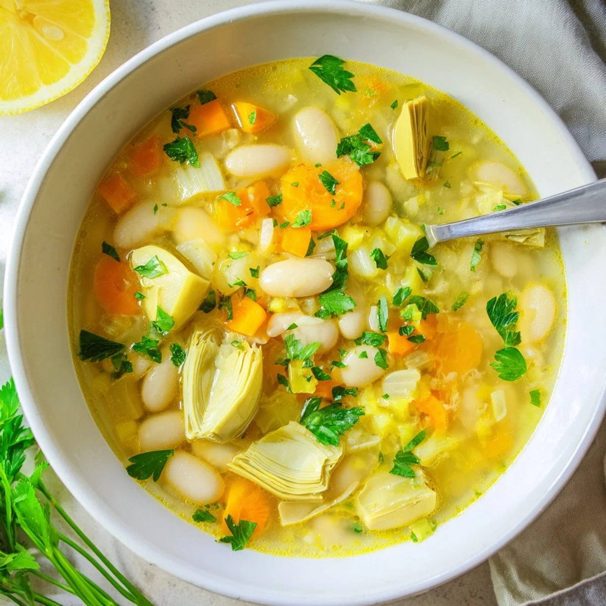 Creamy Lemony Tuscan Artichoke Soup topped with fresh parsley and grated Parmesan cheese