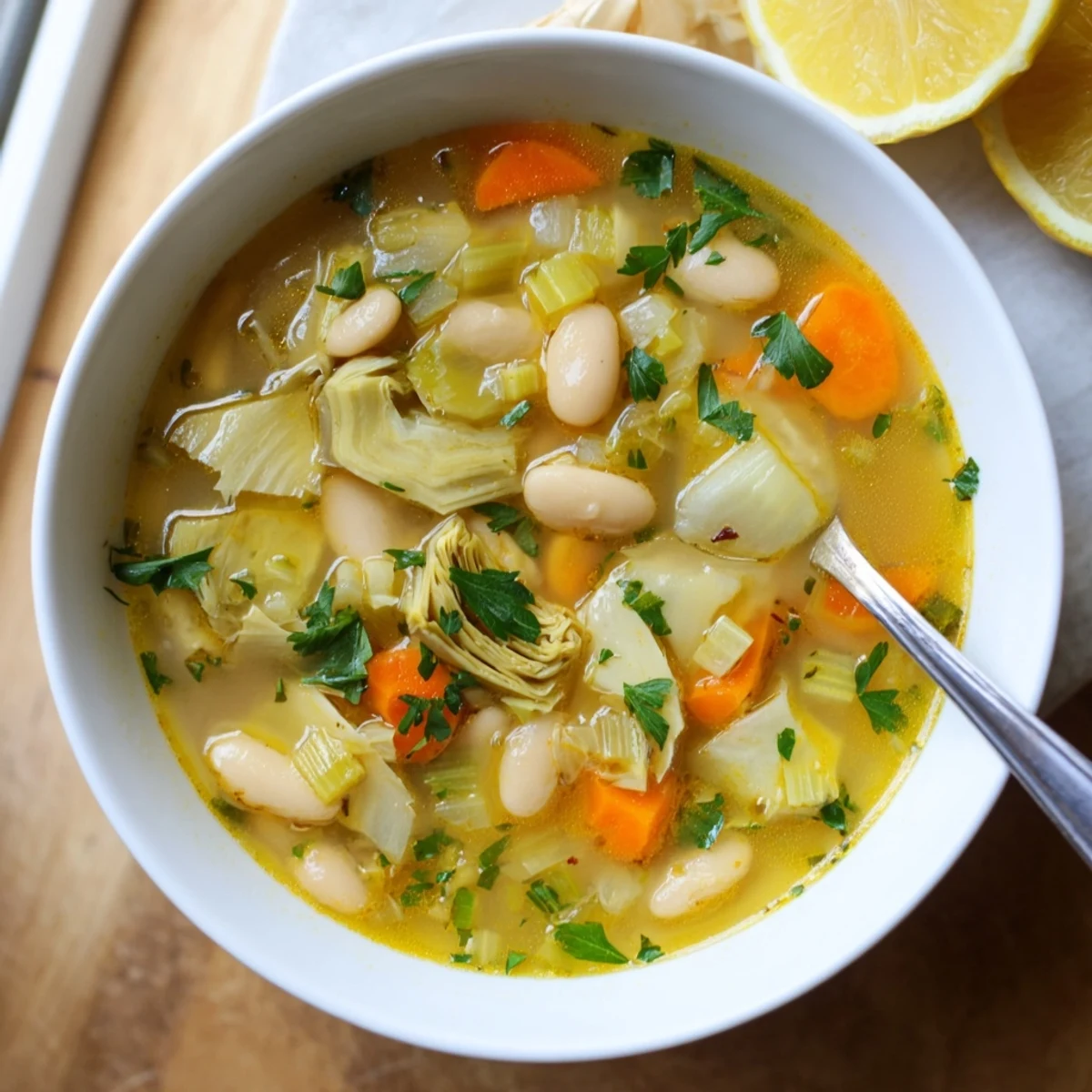 Rustic bowl of tender artichoke and cannellini bean soup with bright lemon garnish