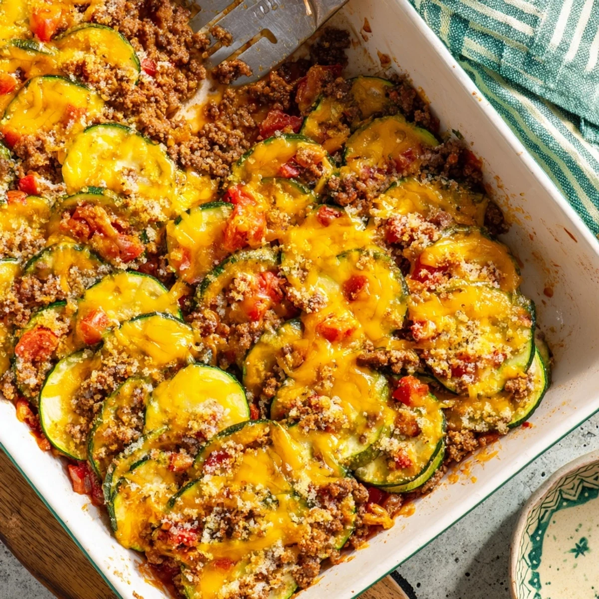 Golden bubbly cheesy beef zucchini casserole fresh from the oven with melted cheddar topping