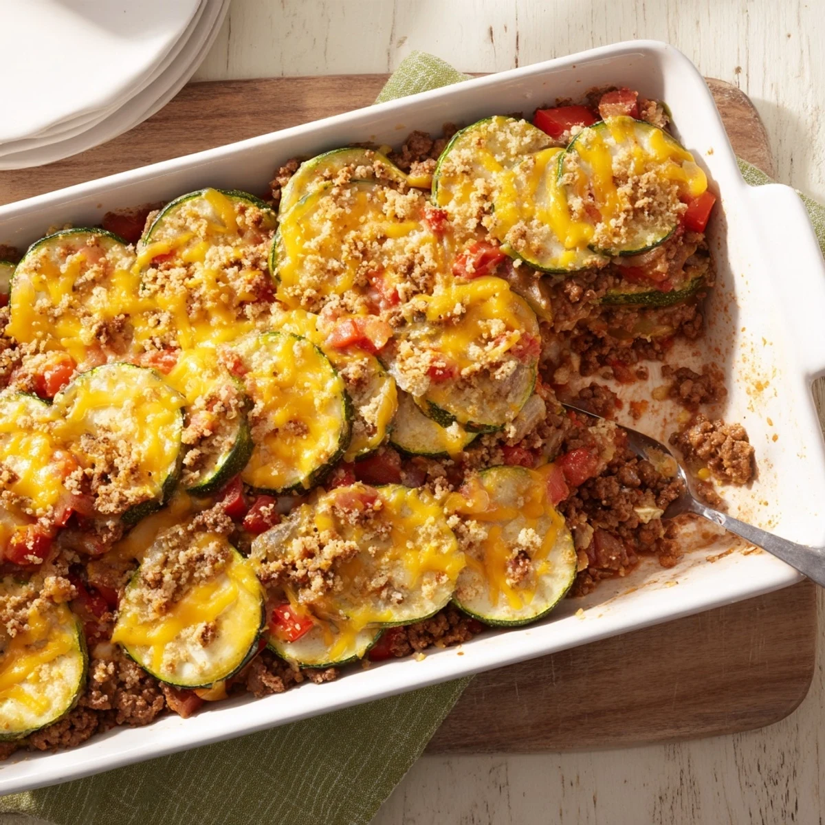 Layered ground beef and zucchini casserole with sour cream sauce and crispy breadcrumb topping