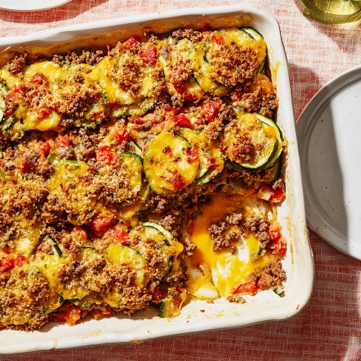 Hearty cheesy beef zucchini casserole served piping hot with steam rising from golden cheese layer