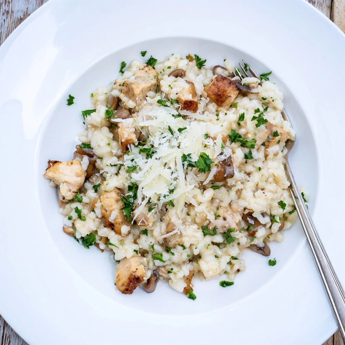 Creamy chicken and mushroom baked risotto garnished with fresh parsley and grated Parmesan
