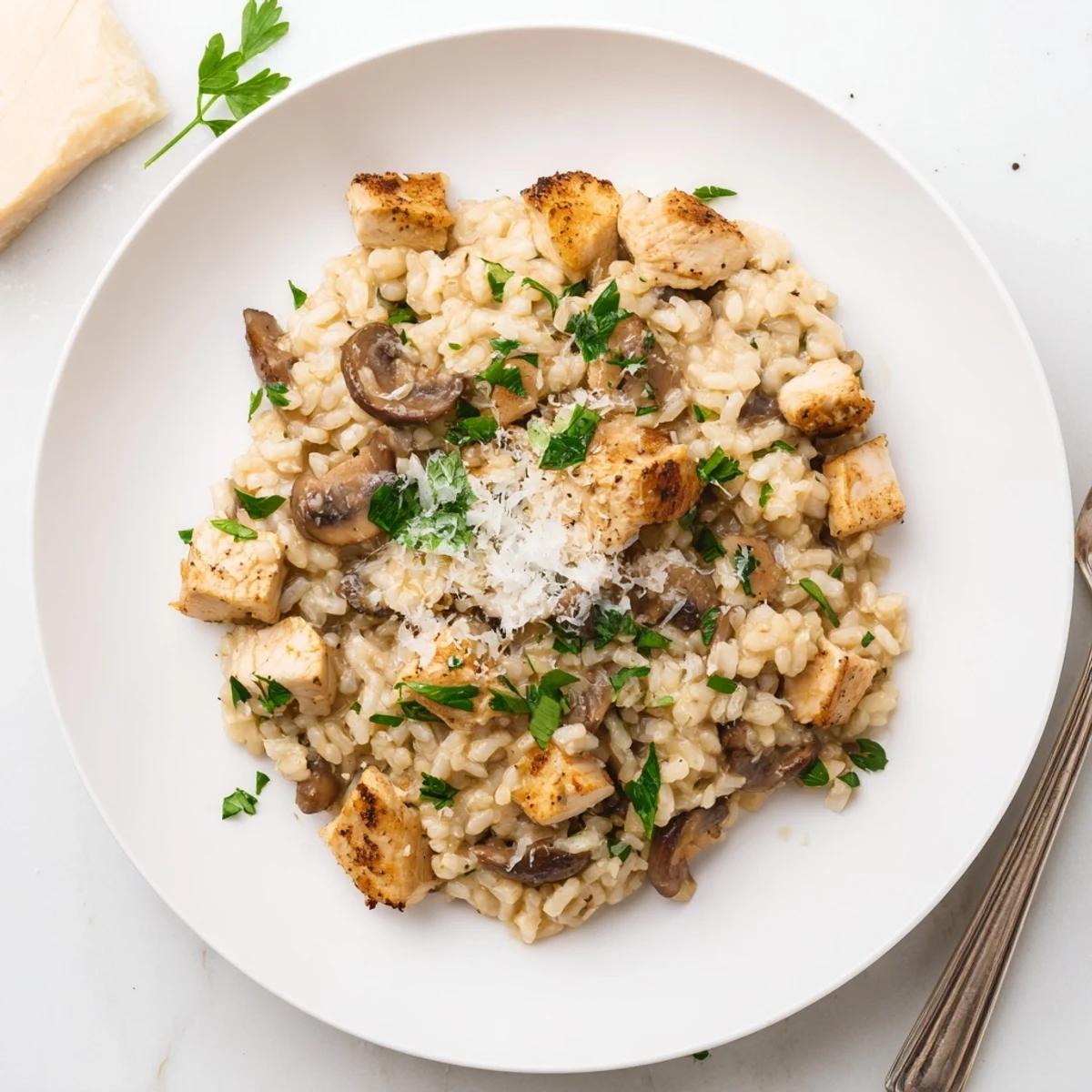 Golden chicken pieces and earthy mushrooms nestled in tender Arborio rice with melted butter