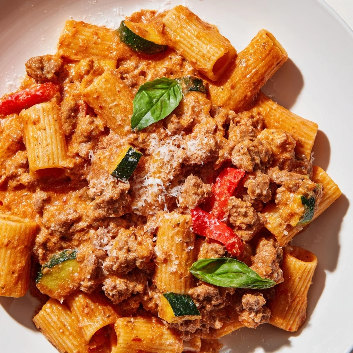 Steamy one pot sausage pasta in a white bowl garnished with fresh green basil leaves