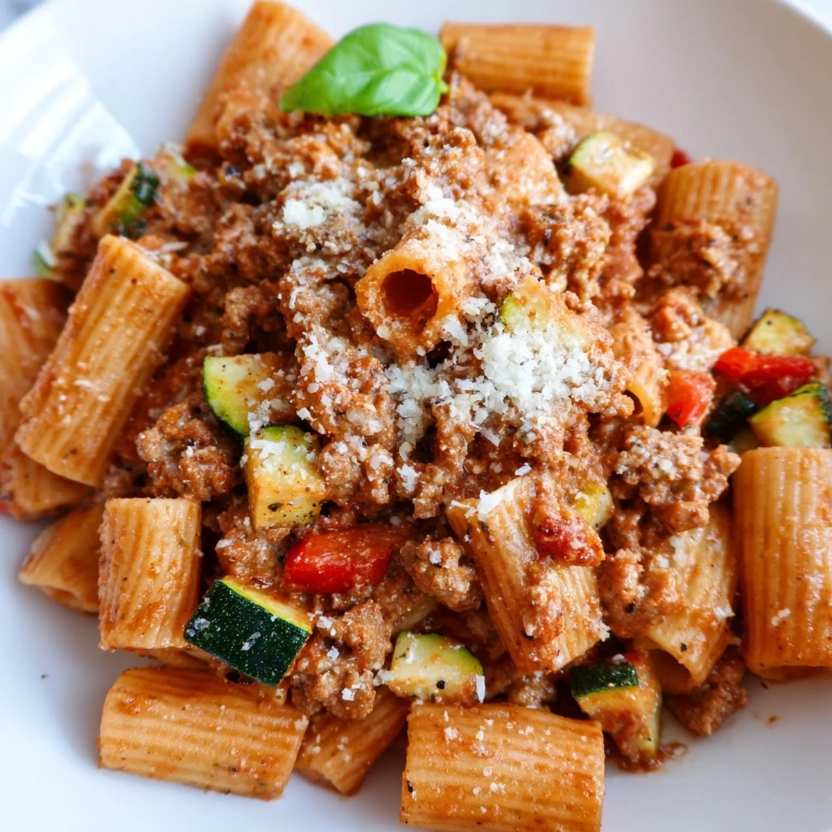 Creamy tomato-coated penne pasta with savory Italian sausage pieces and colorful diced vegetables