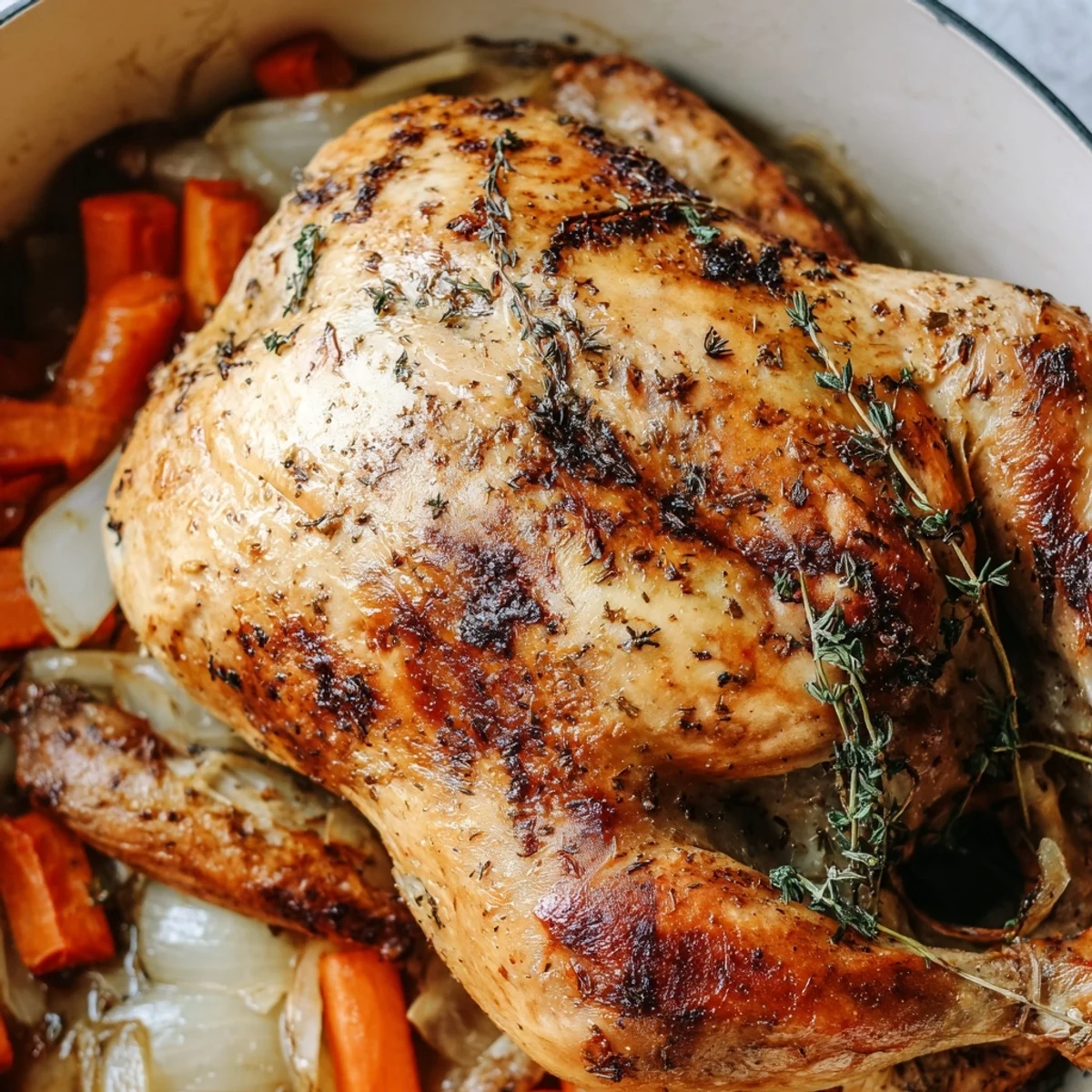 Golden roast garlic and lemon chicken with crispy bronzed skin resting on a bed of caramelized roasted vegetables