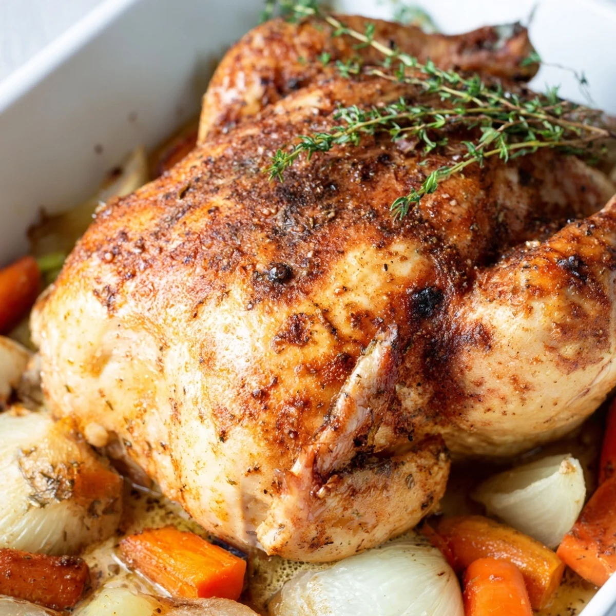 Juicy Mediterranean-style roast garlic and lemon chicken served with tender carrots and onions, garnished with fresh herbs