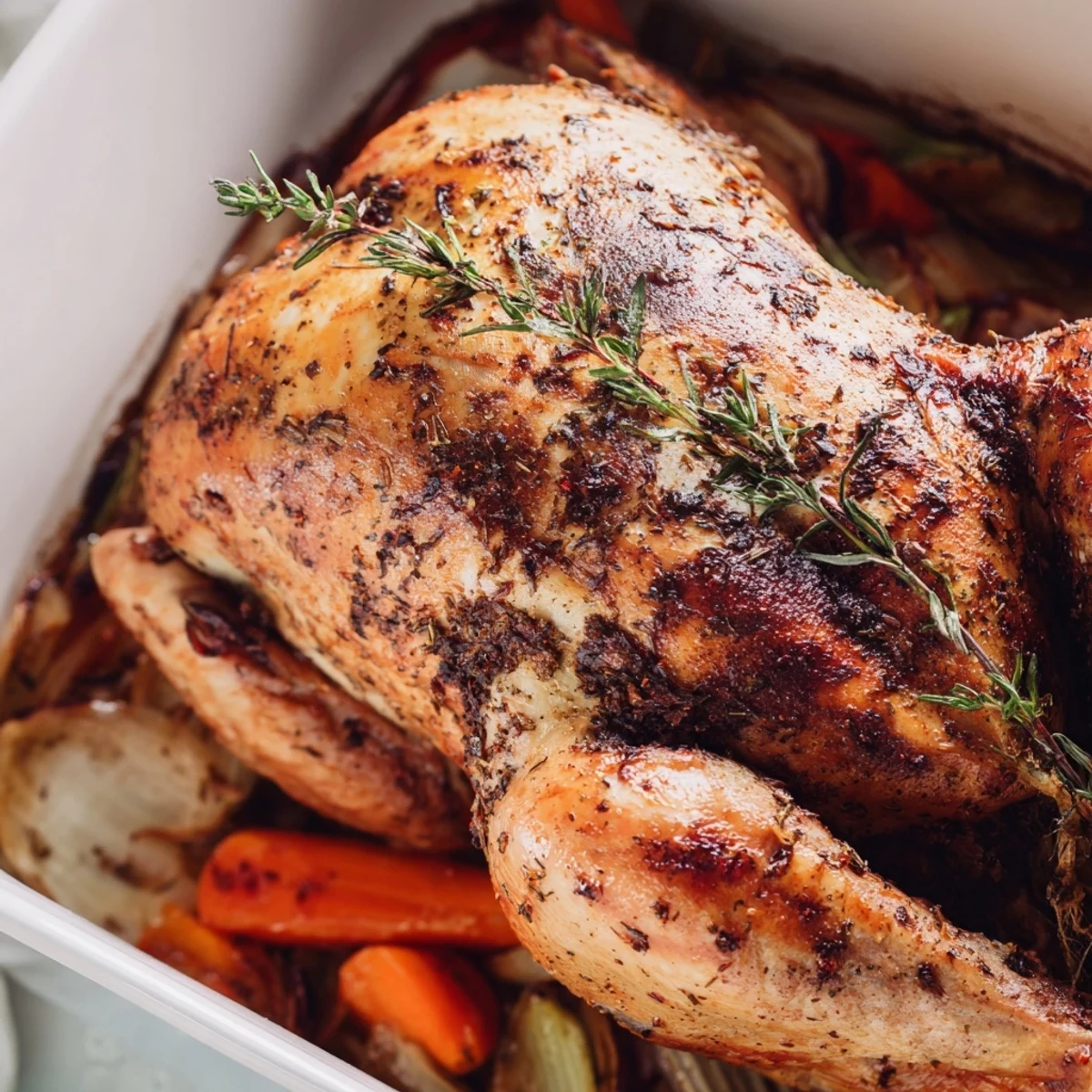 Whole roasted chicken seasoned with garlic and fresh lemon, garnished with rosemary sprigs and sliced lemon rounds