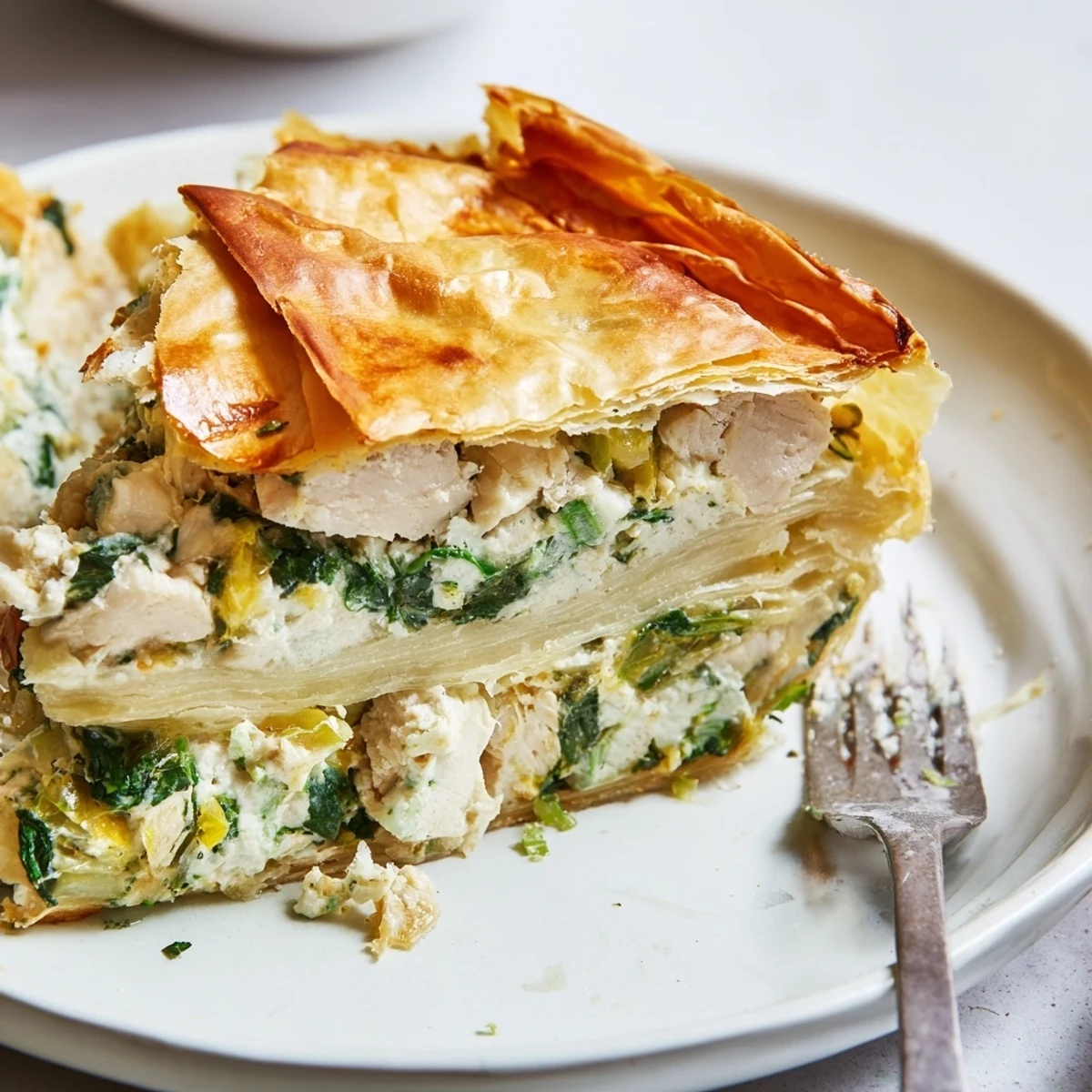 Golden rustic chicken ricotta and herb pie with flaky pastry crust steaming on a wooden serving board