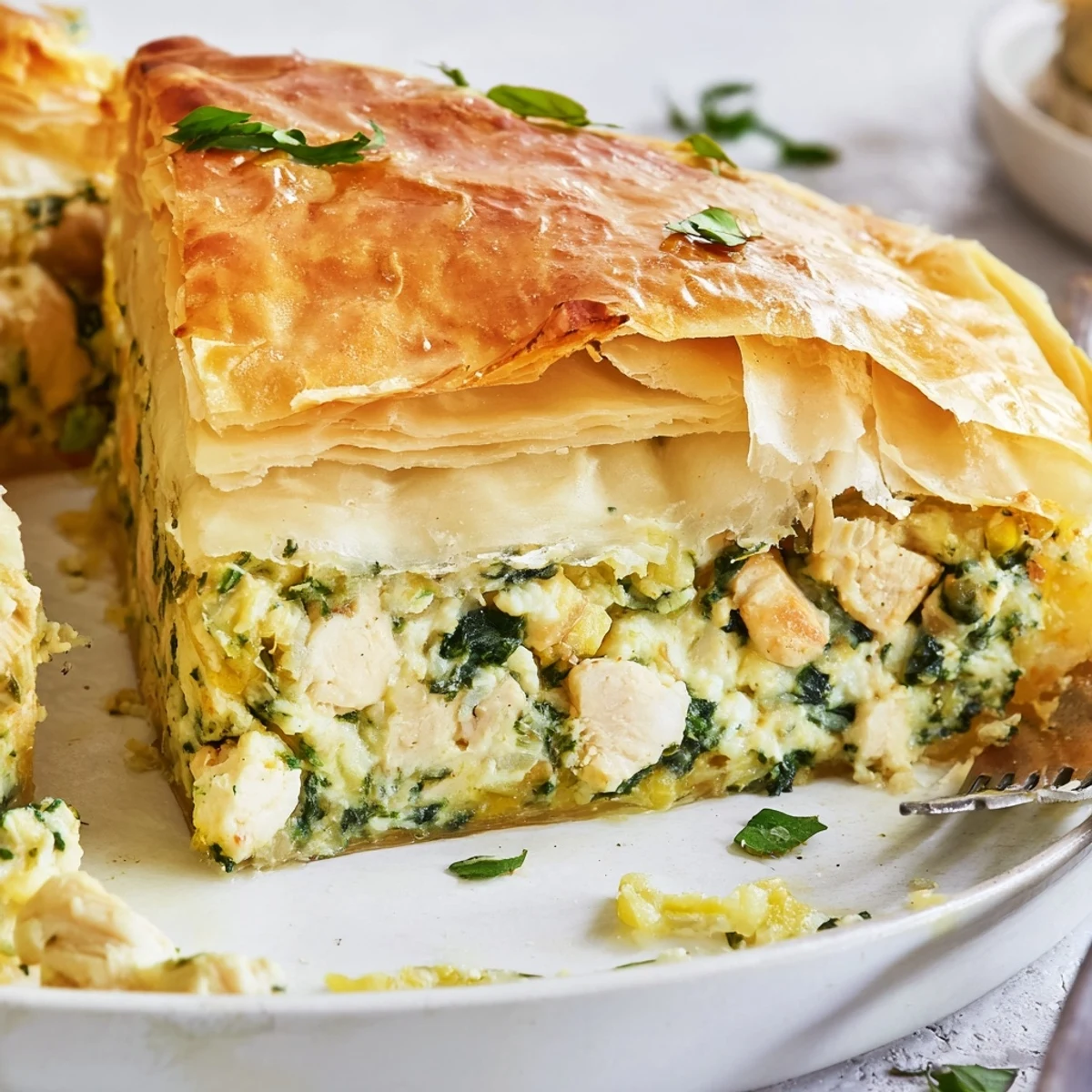Sliced chicken ricotta and herb pie revealing creamy white filling dotted with fresh green spinach and tender chicken pieces
