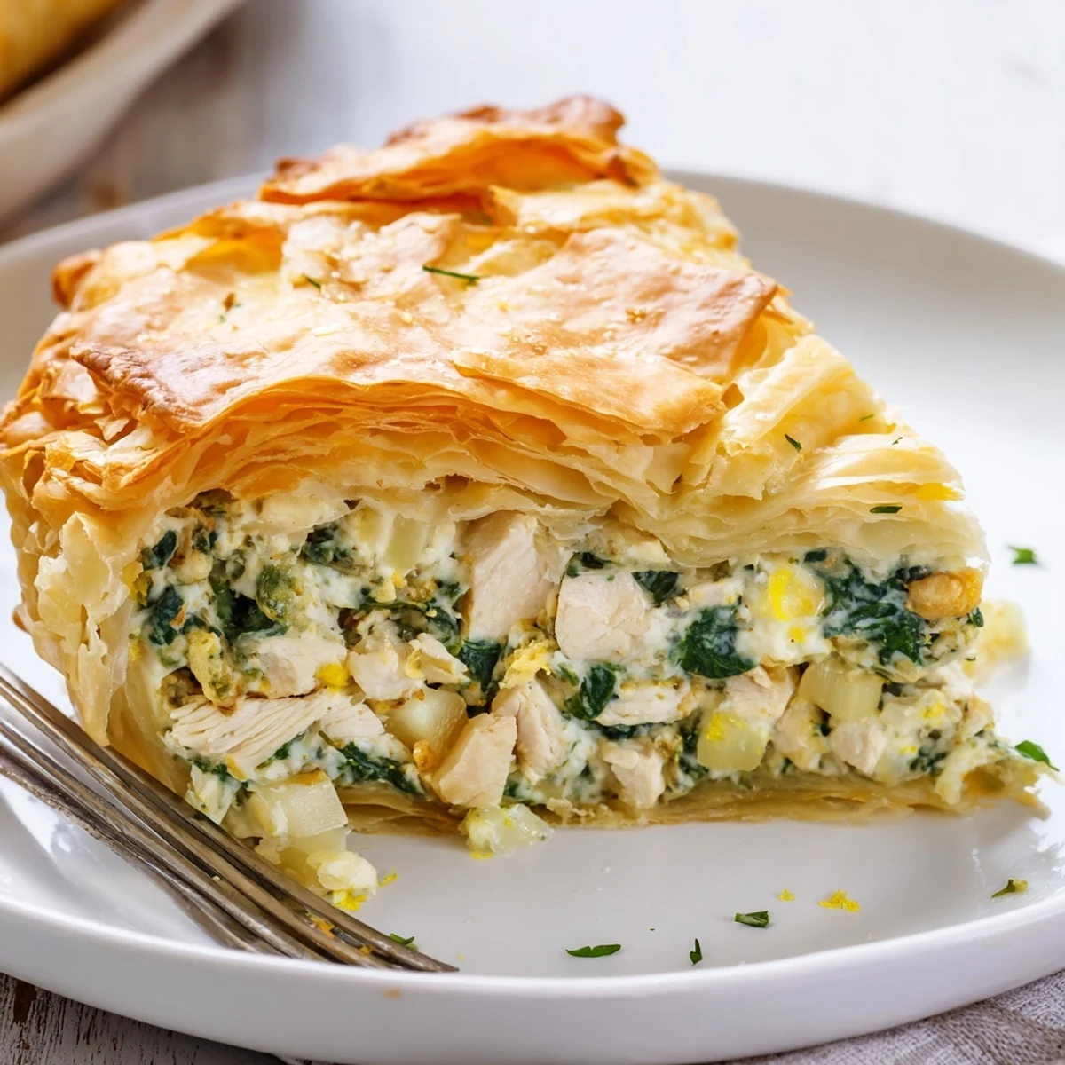 Whole golden brown chicken ricotta and herb pie garnished with fresh basil leaves on a white ceramic plate