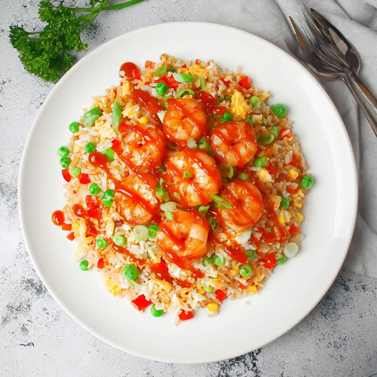Golden garlic prawns atop colorful sweet chilli fried rice with vegetables and eggs