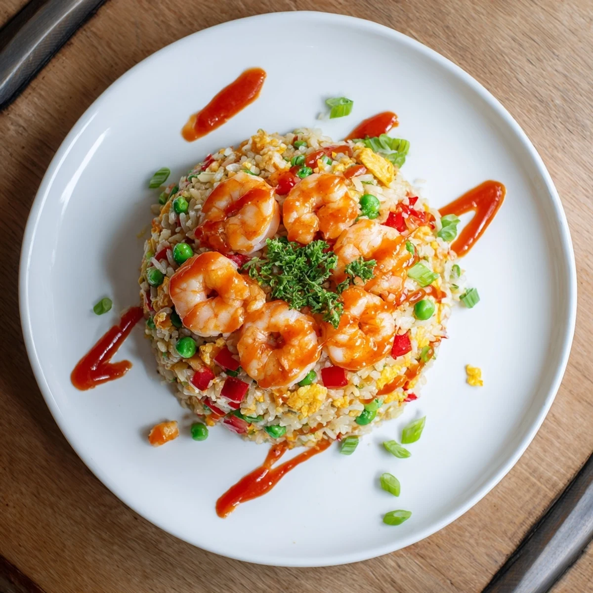Vibrant Asian fusion bowl featuring succulent garlic prawns and sweet chilli fried rice