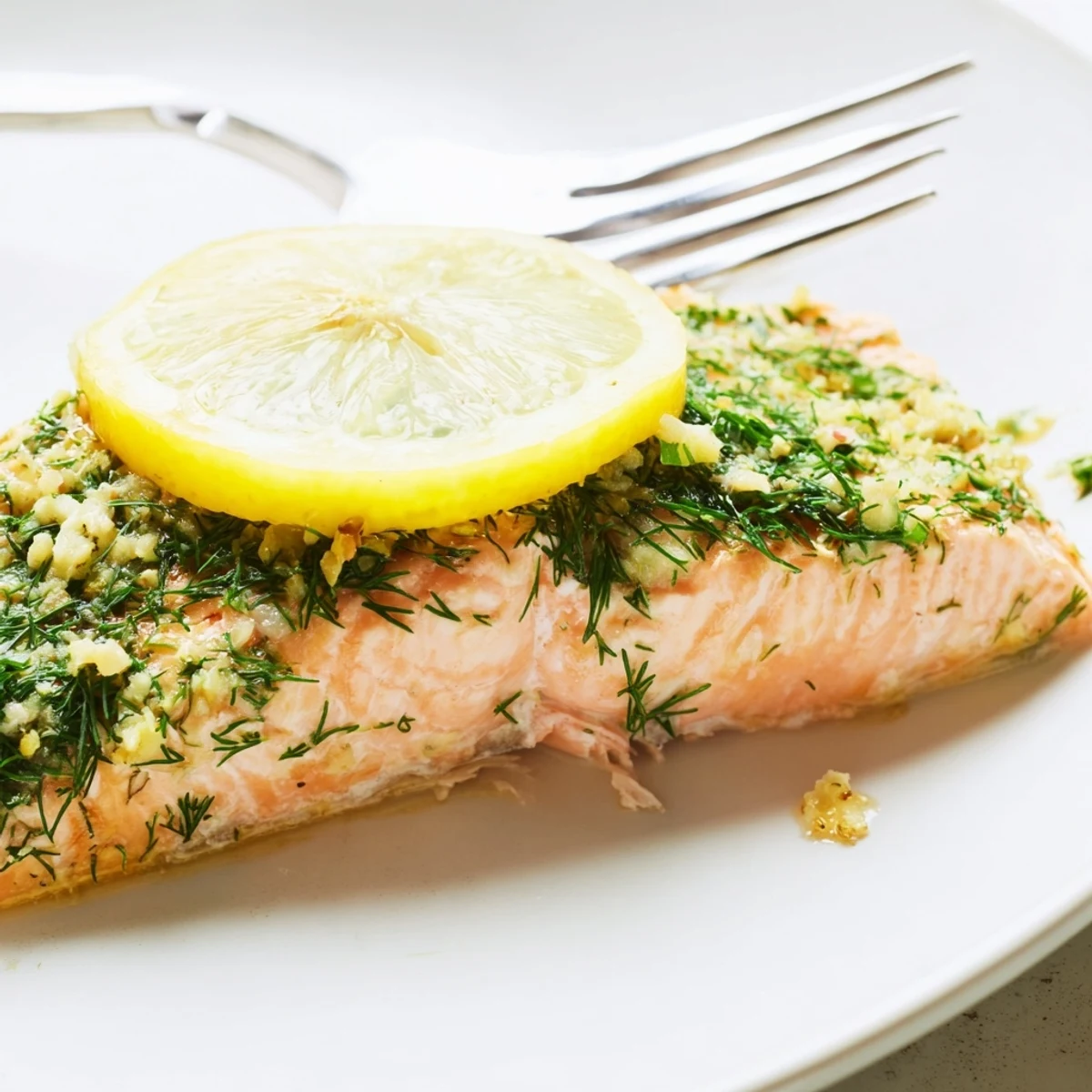 Golden baked salmon fillet topped with fresh dill and bright lemon slices on a white plate