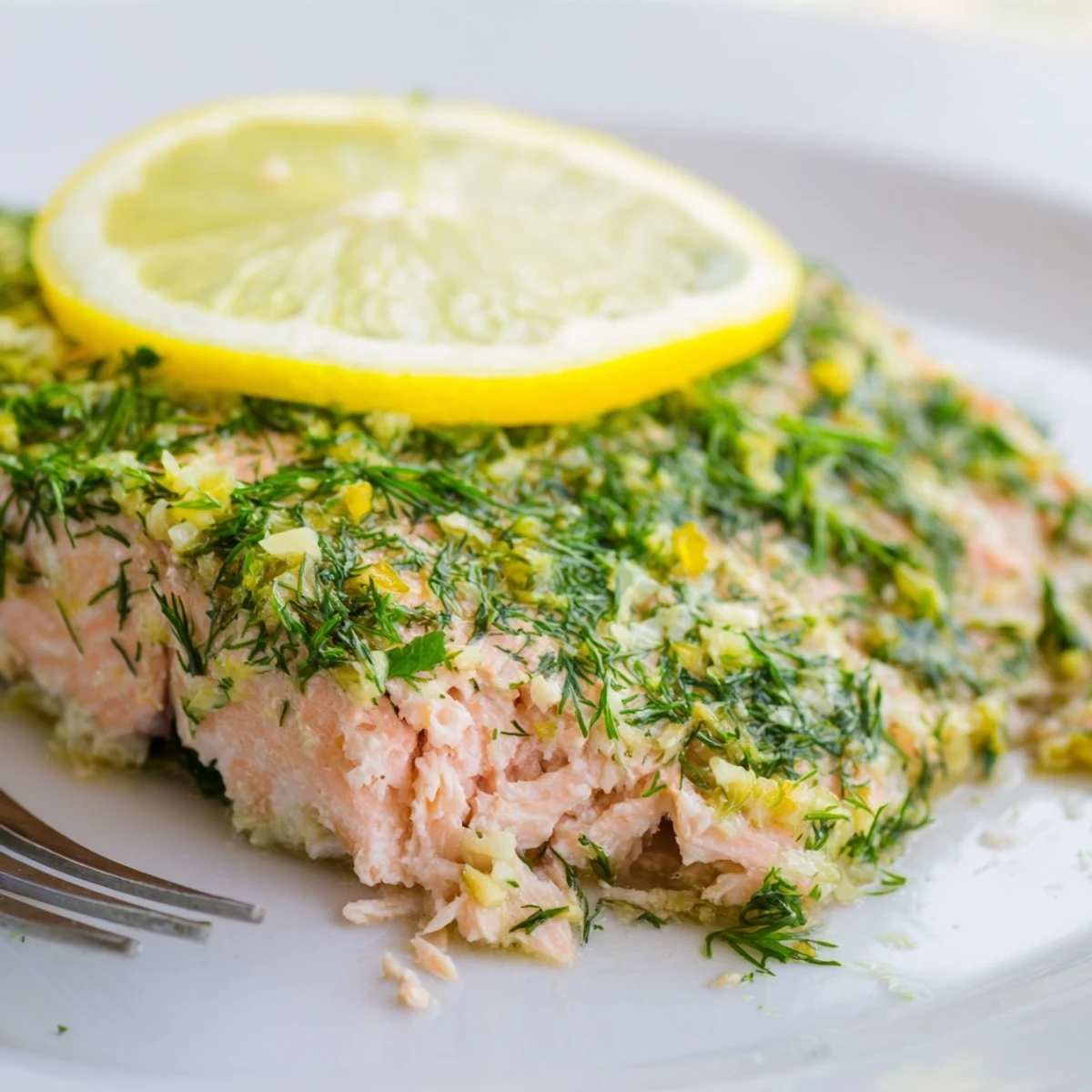Flaky tender dill and lemon baked salmon garnished with herbs and served with roasted vegetables