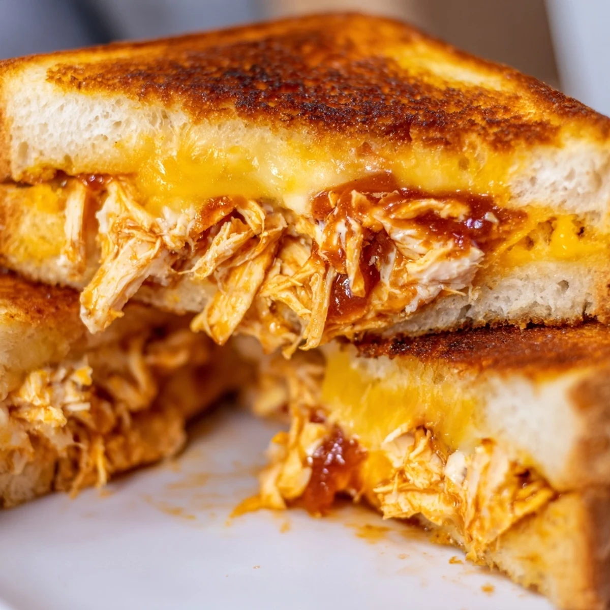 Golden BBQ chicken grilled cheese sandwich with melted cheddar and mozzarella on crispy sourdough bread
