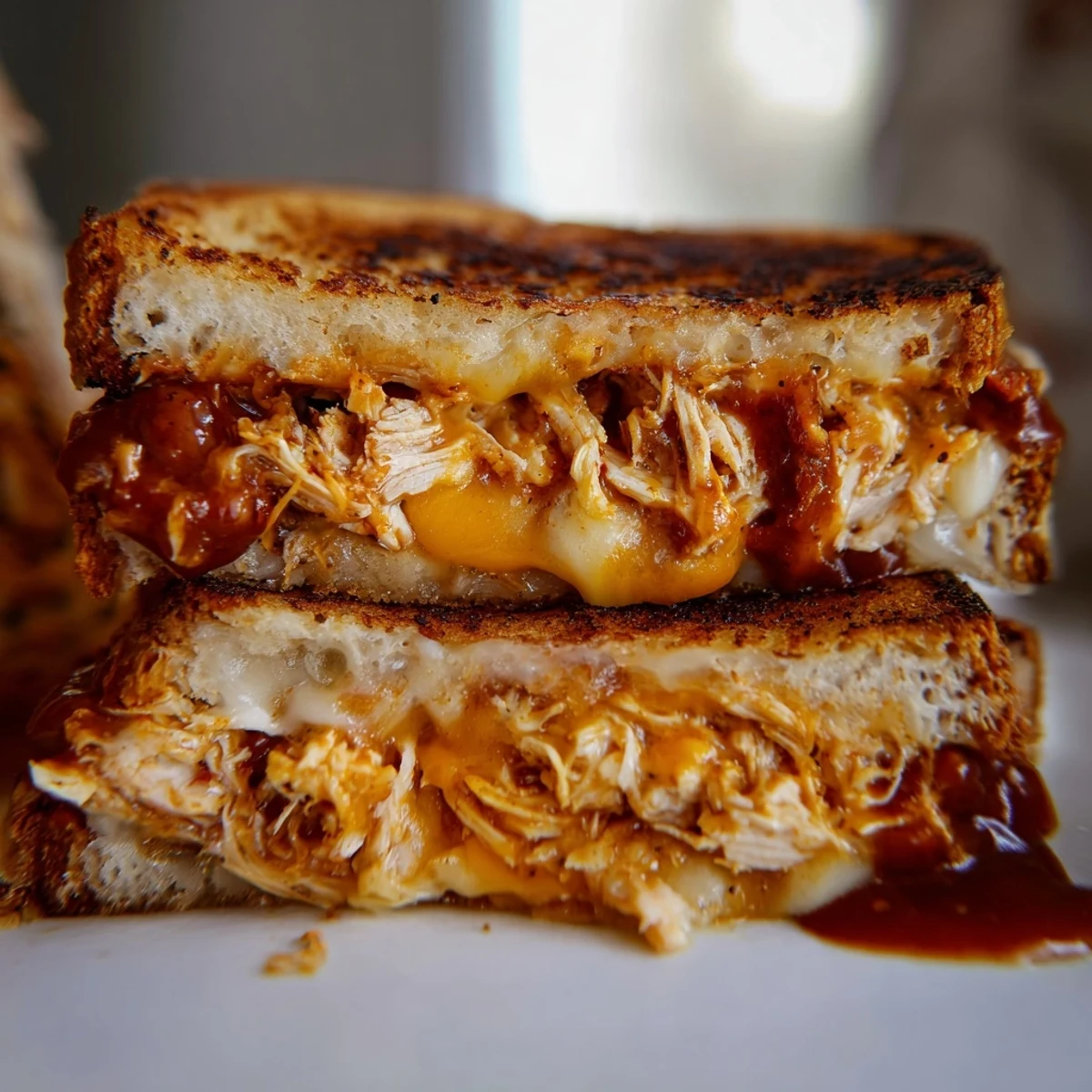 Savory BBQ chicken grilled cheese featuring tender shredded meat and gooey cheese between buttery golden slices