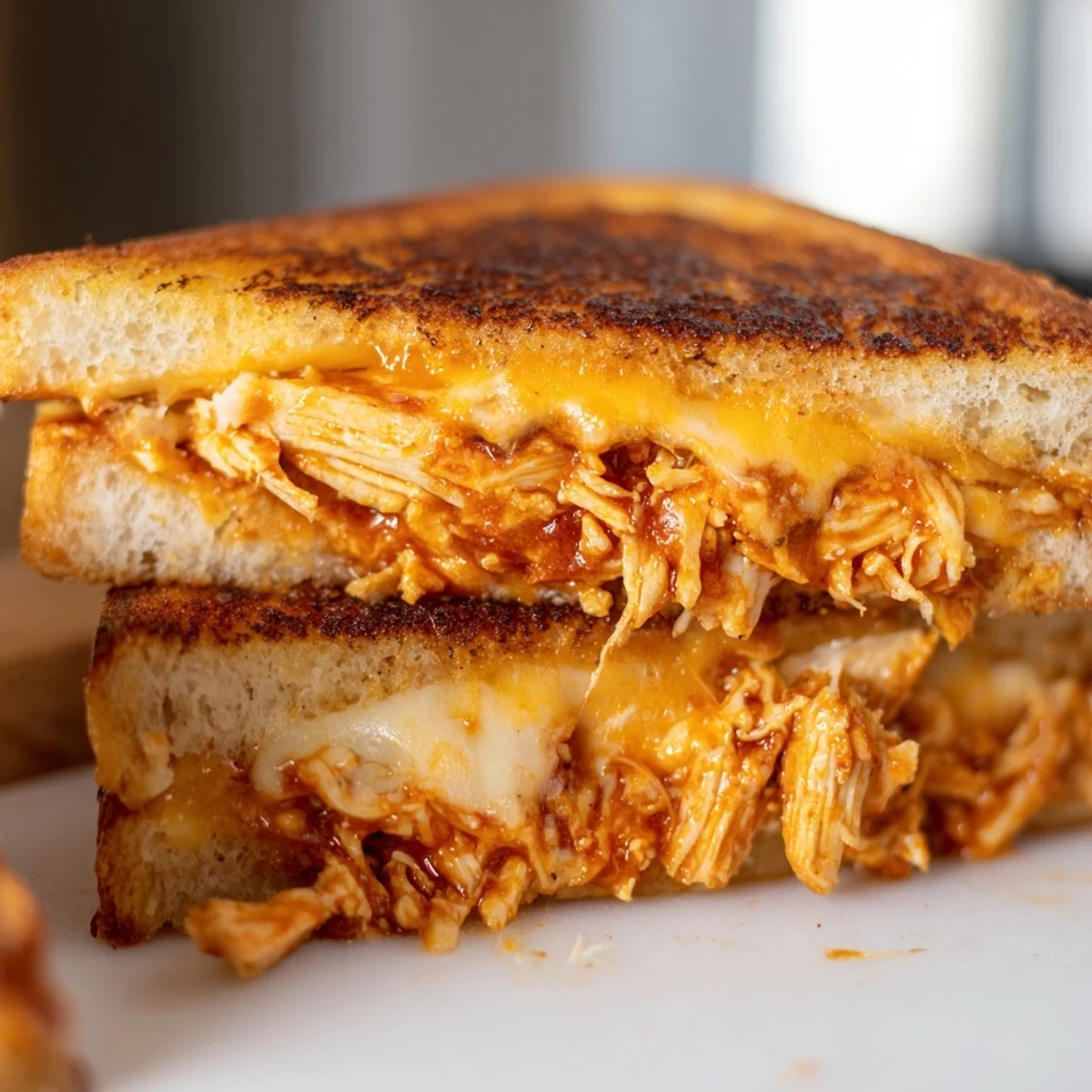 BBQ chicken grilled cheese cut in triangles displaying melty cheese layers and perfectly toasted sourdough exterior