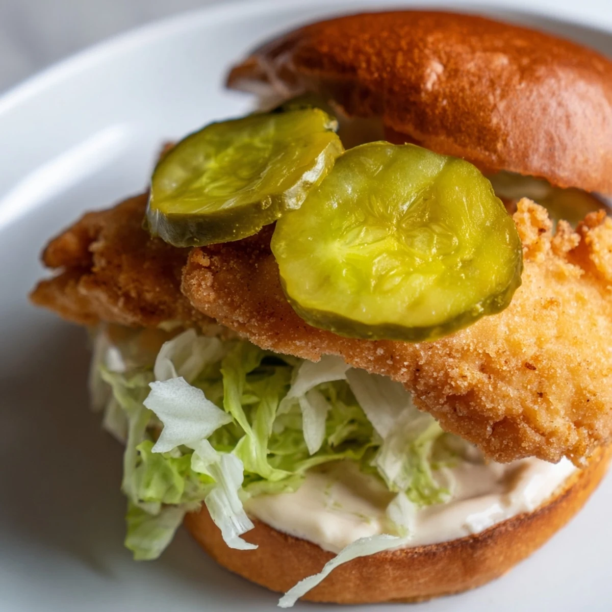 Handheld crispy chicken burger featuring crunchy lettuce slices and golden fried chicken on soft bun