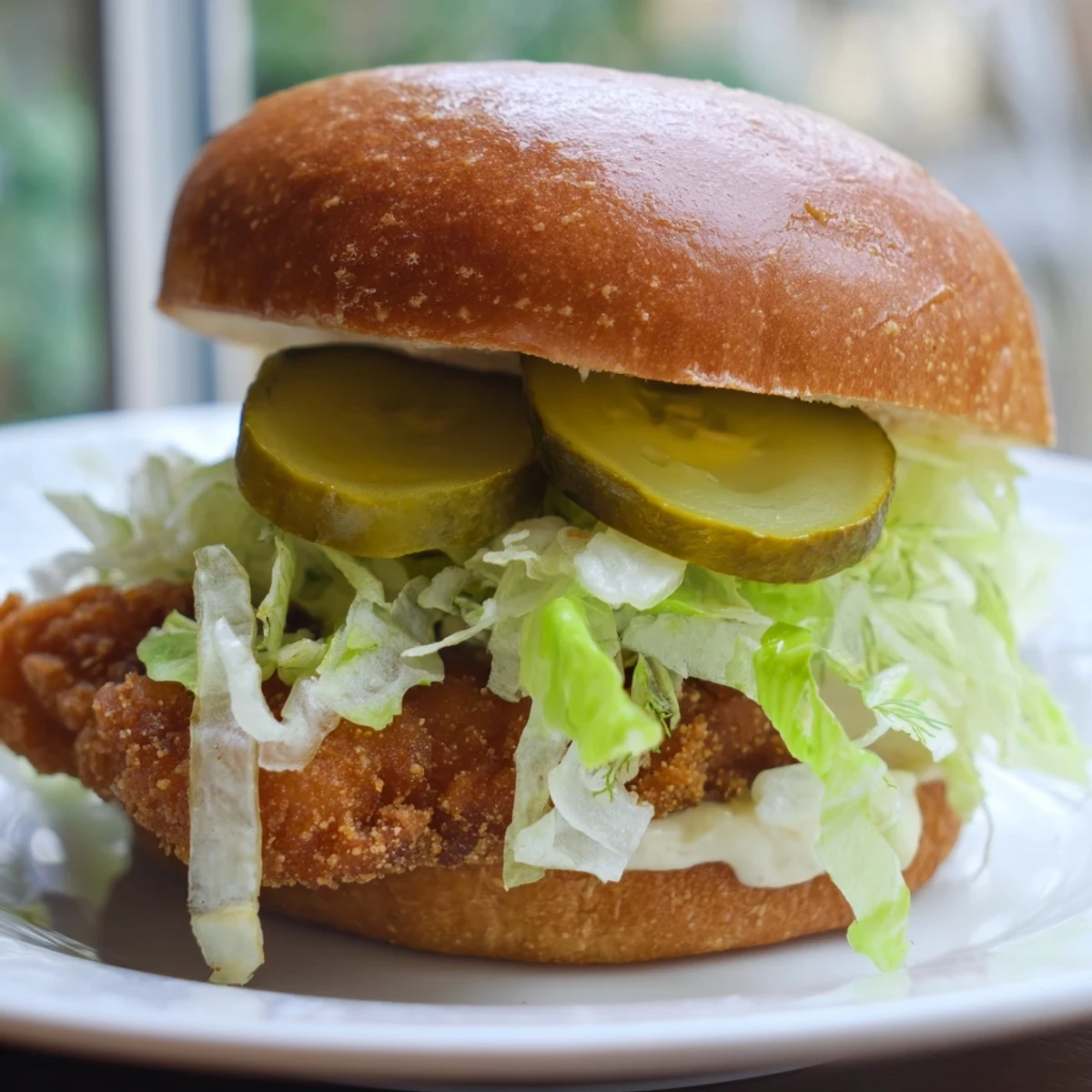 Juicy fried chicken breast patty served with tangy pickles and creamy sauce on a burger