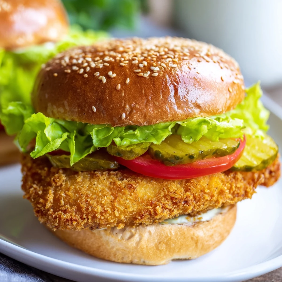 Golden brown ultra crunchy fried chicken burger stacked with fresh lettuce tomato and pickles on toasted brioche bun