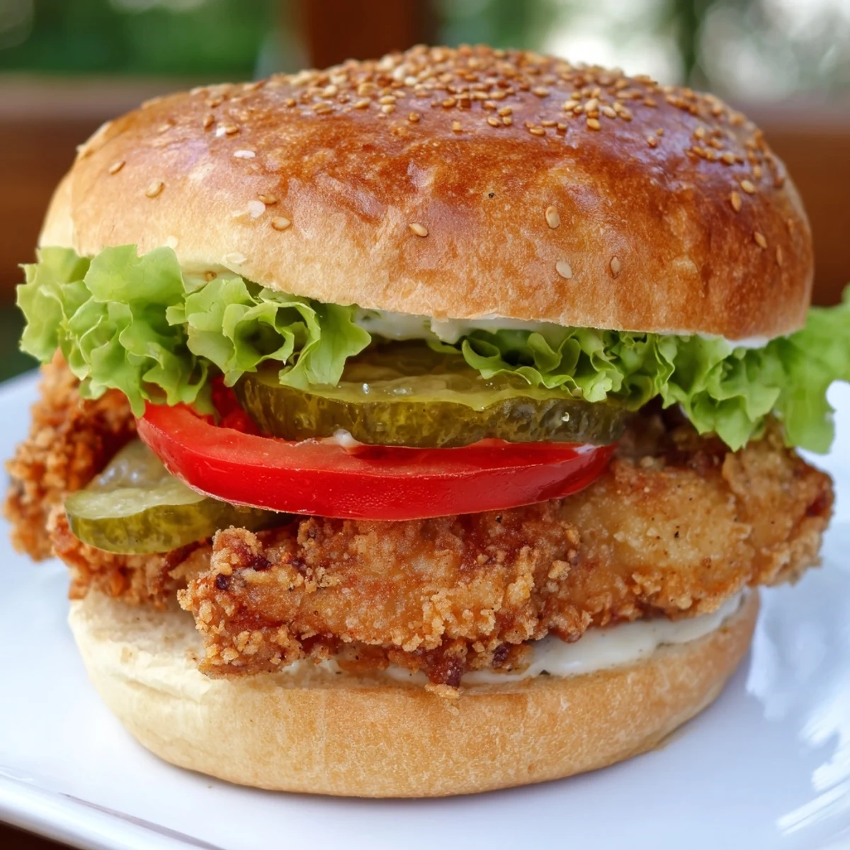 Homemade ultra crunchy fried chicken burger with deep fried golden thighs nestled between soft split brioche buns with toppings
