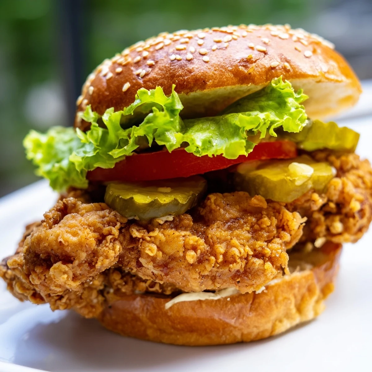 Mouthwatering crispy fried chicken burger featuring a thick craggy coating served with creamy spicy mayo and crisp vegetables