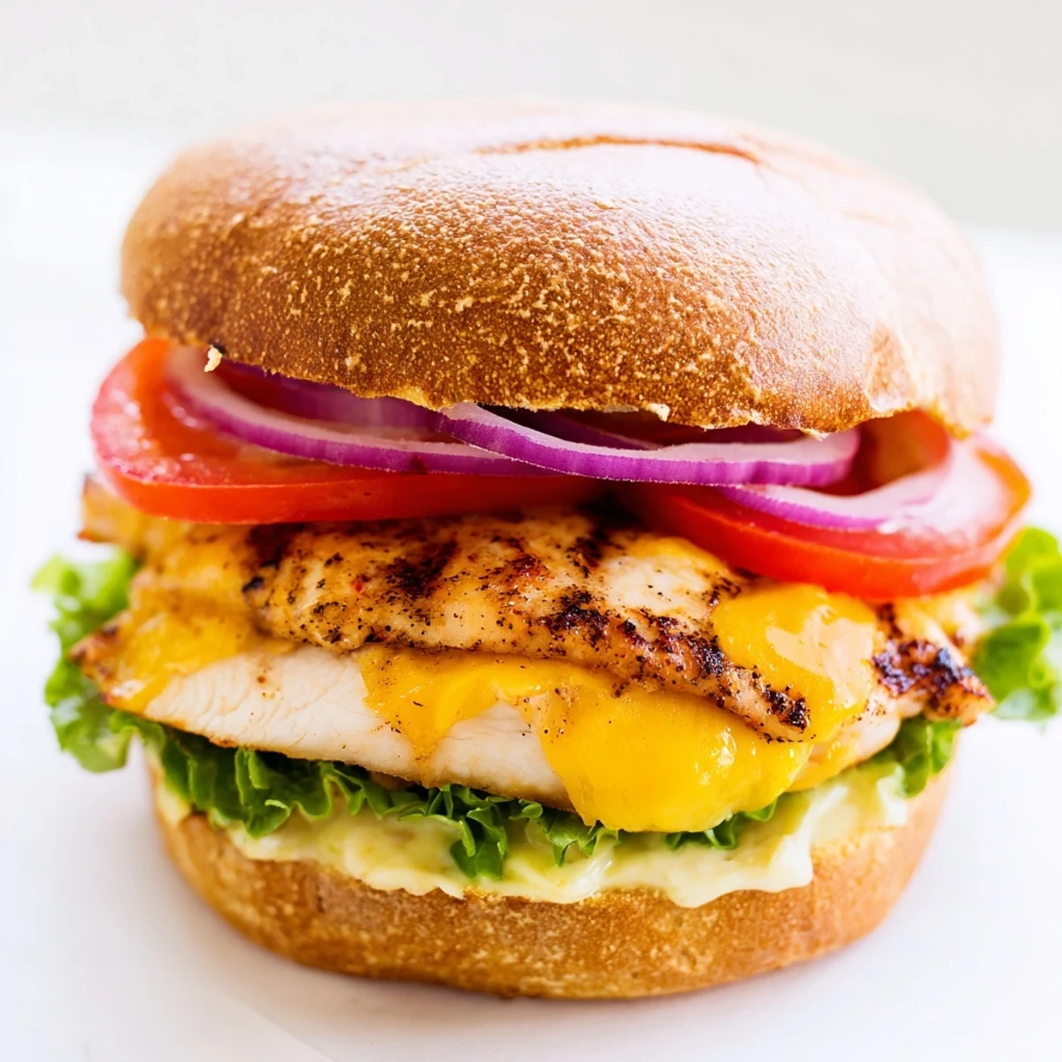 Golden brown grilled chicken breast sandwich topped with melted cheddar cheese and crisp lettuce on a toasted bun