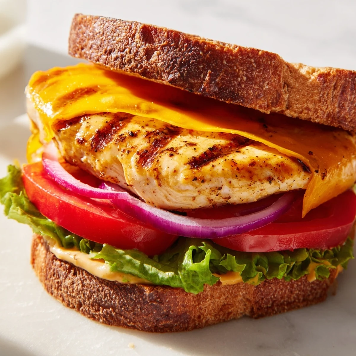 Homemade grilled chicken sandwich stacked with juicy tomato slices red onion and creamy Dijon mayonnaise spread