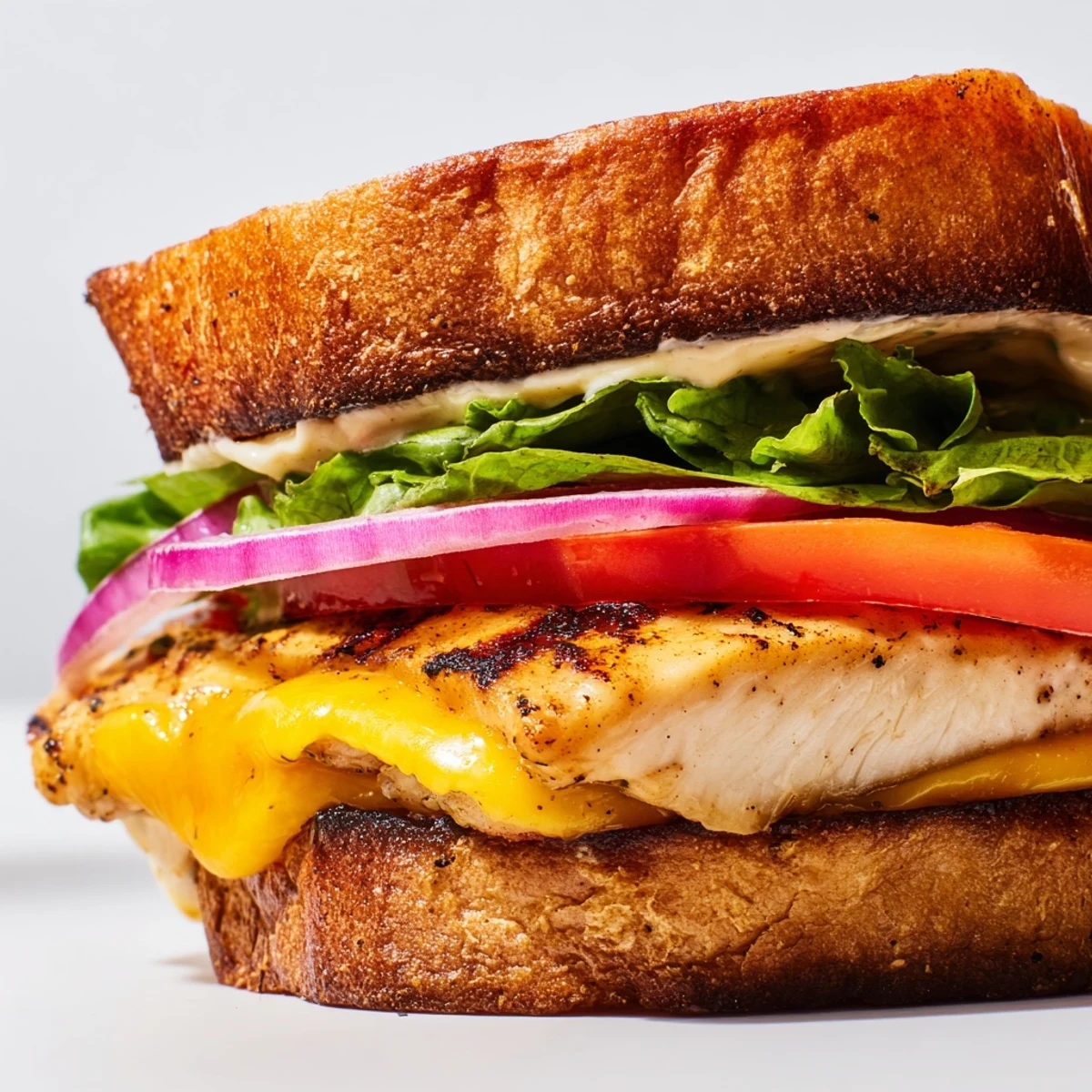 Savory grilled chicken sandwich featuring perfectly seasoned chicken breast fresh vegetables and zesty lemon parsley sauce