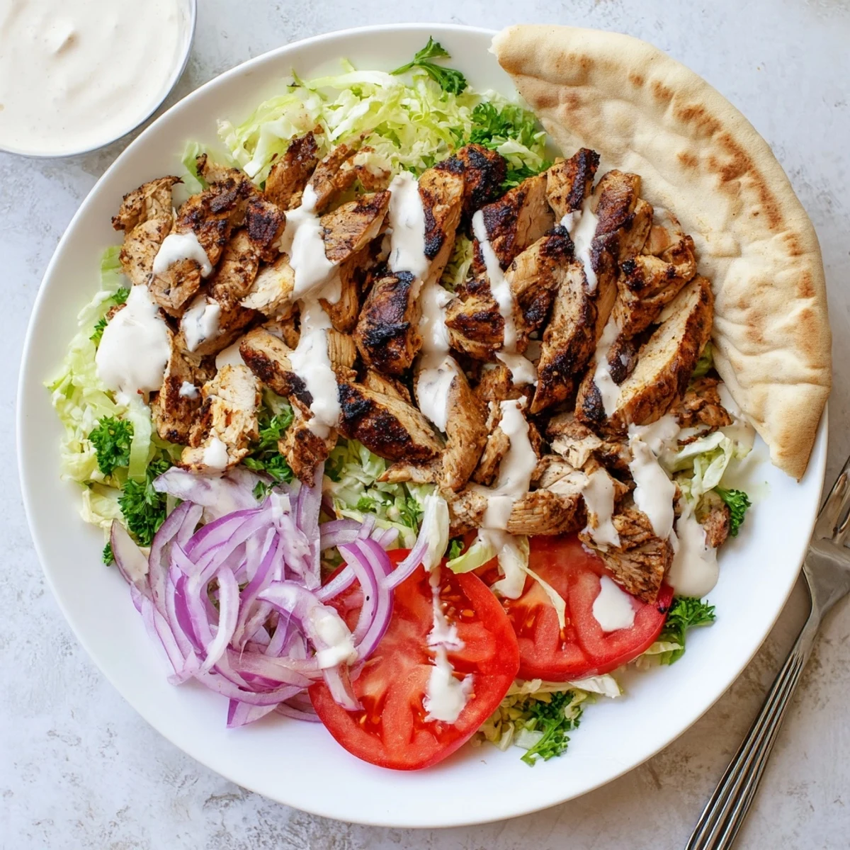Sliced spiced chicken shawarma plated with creamy garlic sauce and fresh vegetables for a Middle Eastern feast