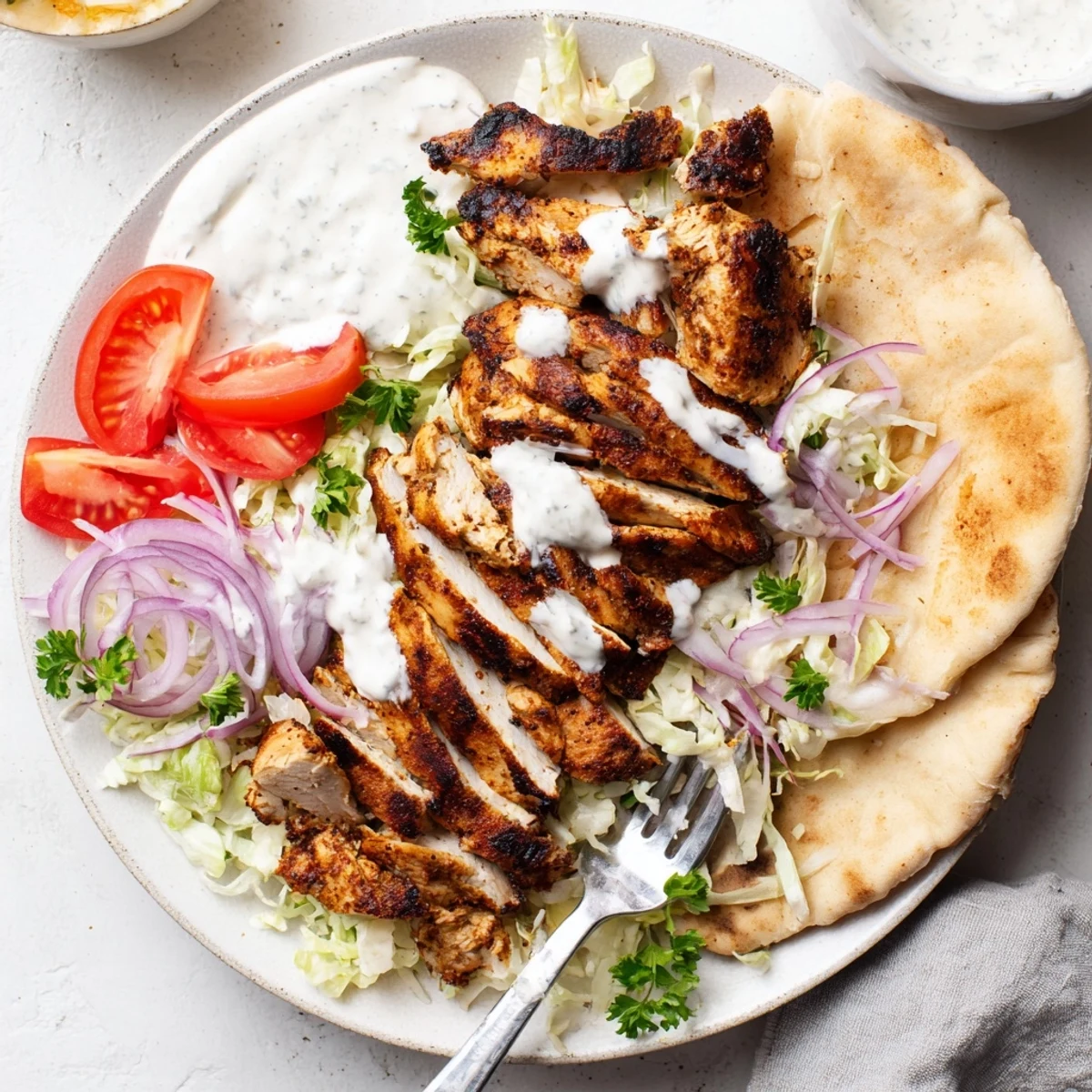 Golden grilled chicken shawarma drizzled with zesty garlic sauce, wrapped in warm pita with crisp lettuce and tomatoes
