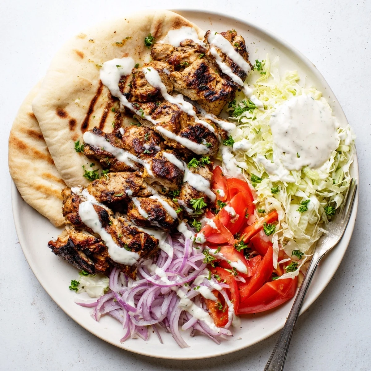 Tender marinated chicken shawarma served over pita with tangy garlic toum sauce, tomatoes, onions, and parsley garnish