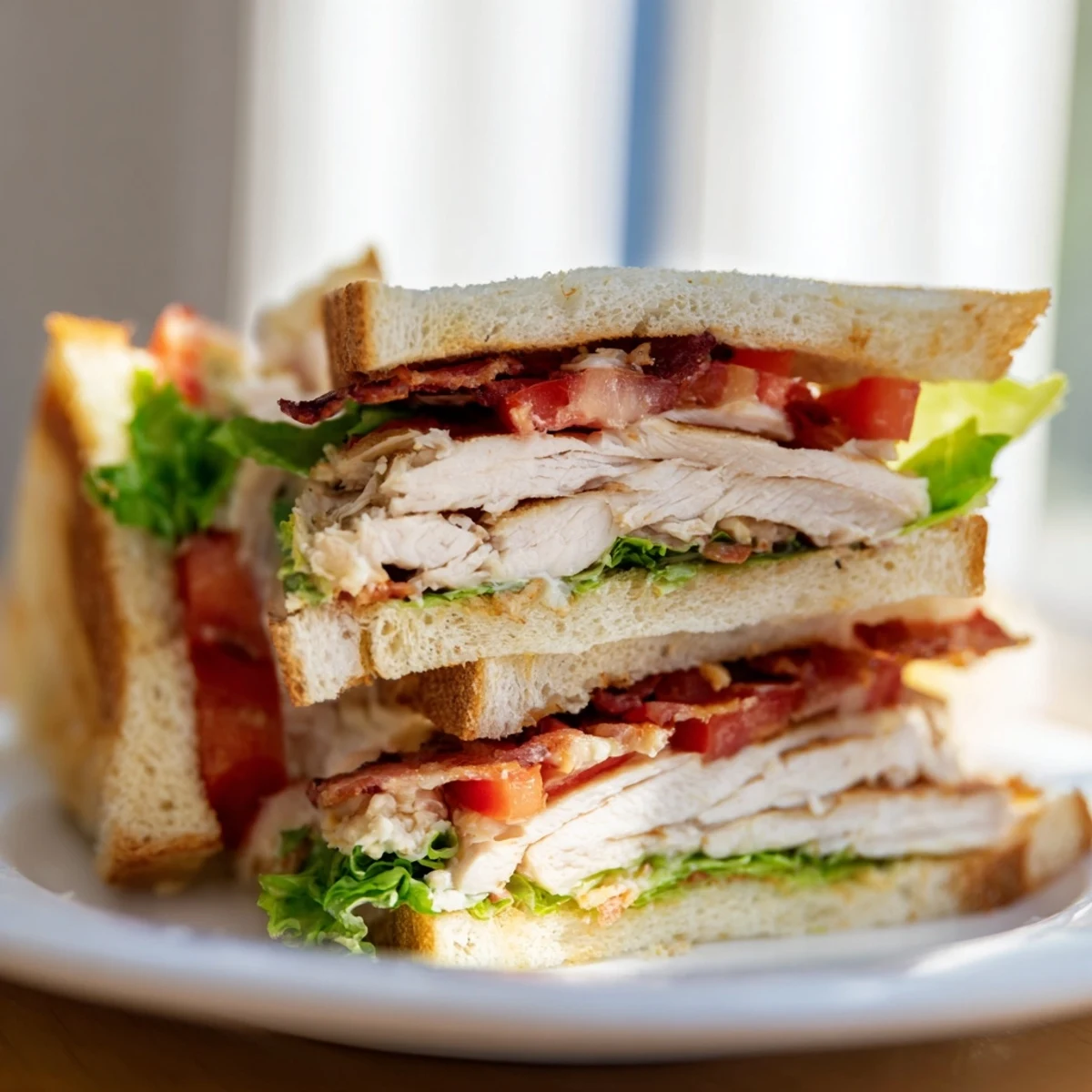 Golden stacked chicken club sandwiches with crispy bacon lettuce tomato on toasted bread