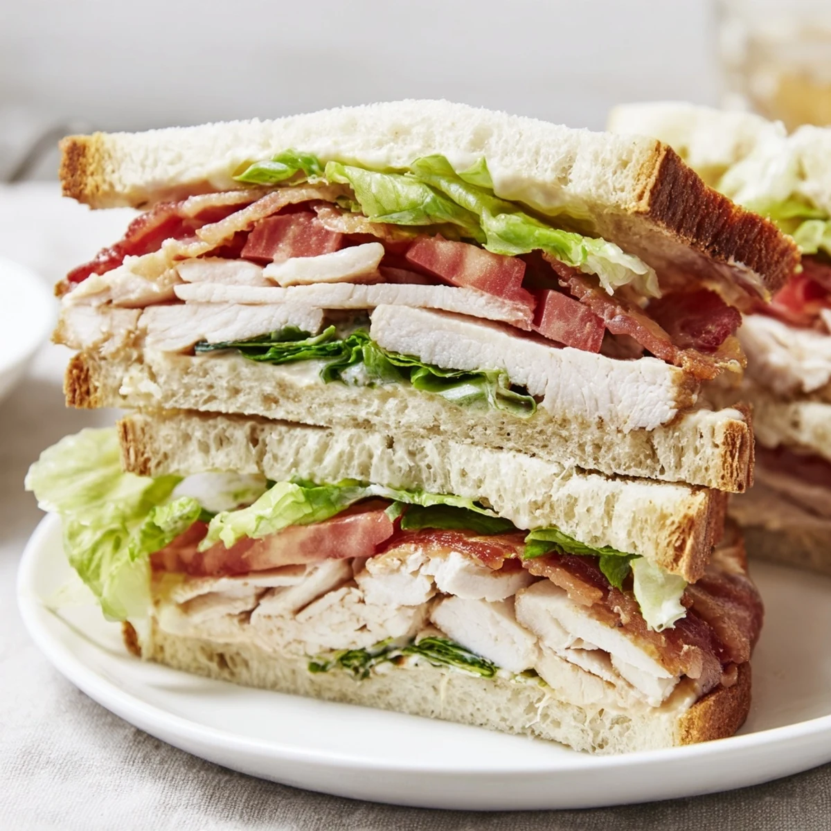 Homemade chicken club sandwich served with toothpicks featuring juicy tomatoes and crispy bacon strips