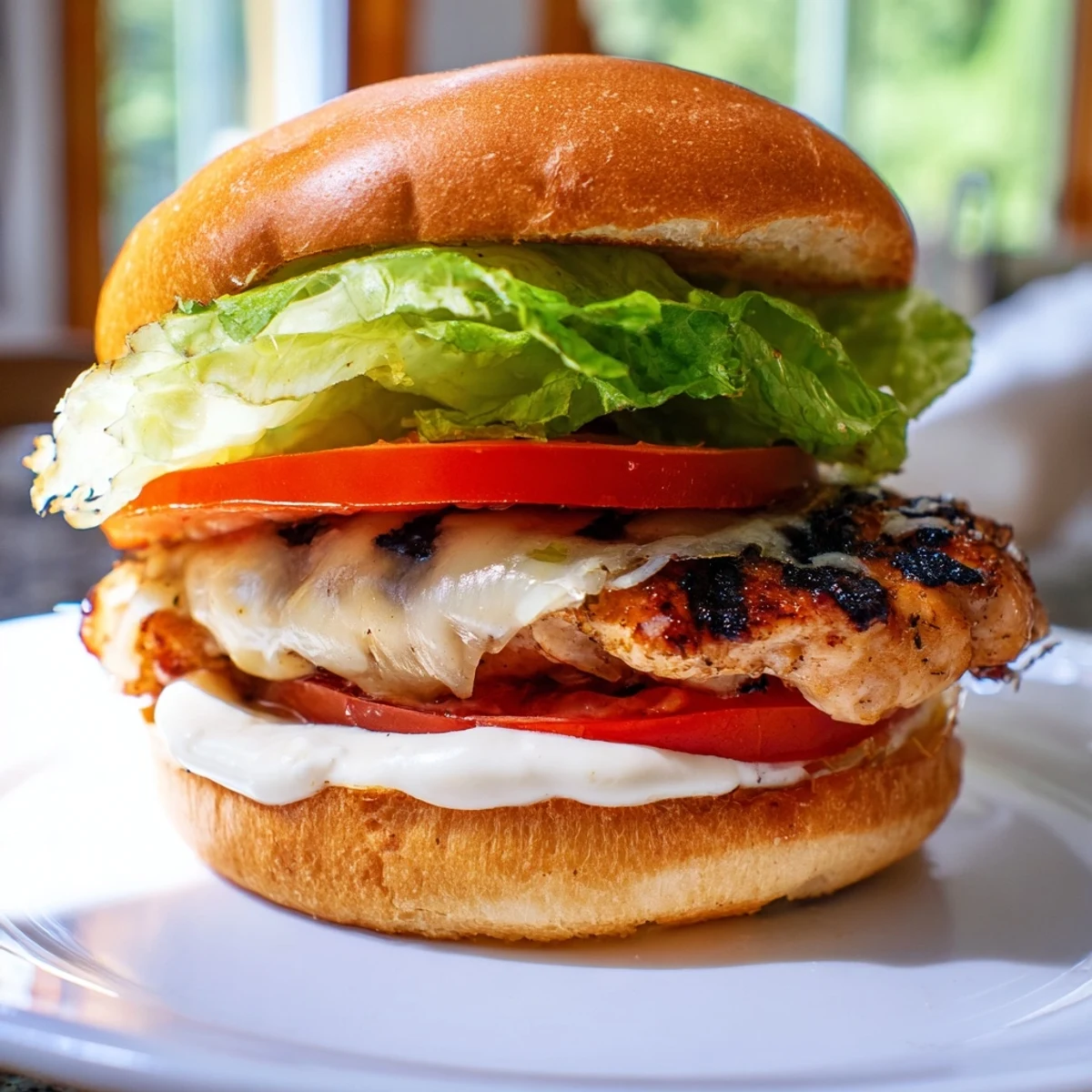 Golden grilled garlic chicken sandwich with crisp lettuce, tomato, and creamy garlic mayo on toasted bun