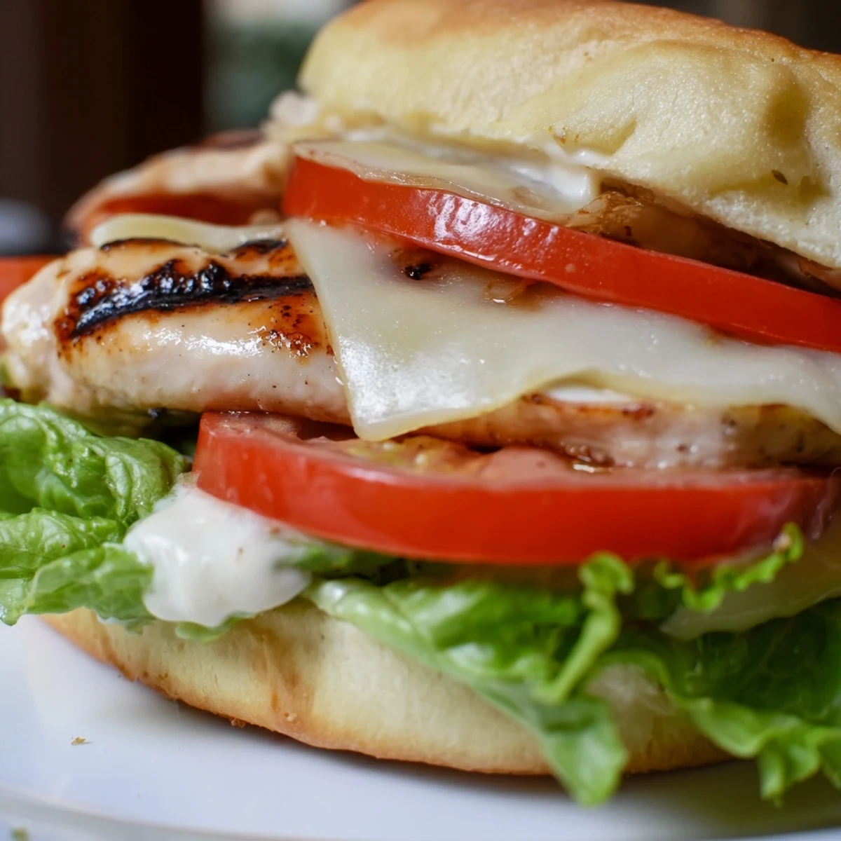 Homemade garlic chicken sandwich featuring grilled seasoned chicken topped with melted cheese and crisp garden vegetables