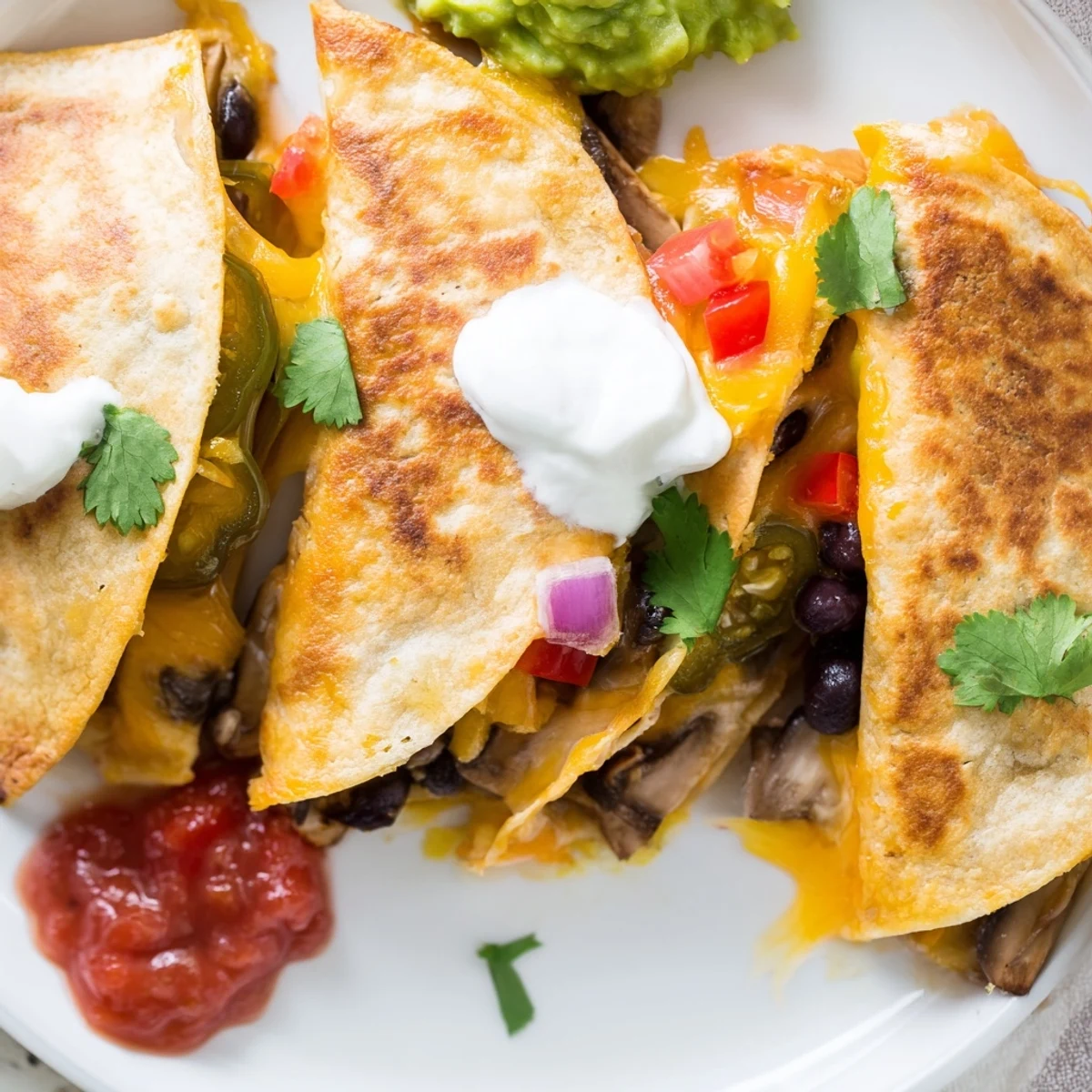 Golden brown quesadillas sliced into wedges showcasing melted cheddar and Monterey Jack cheese