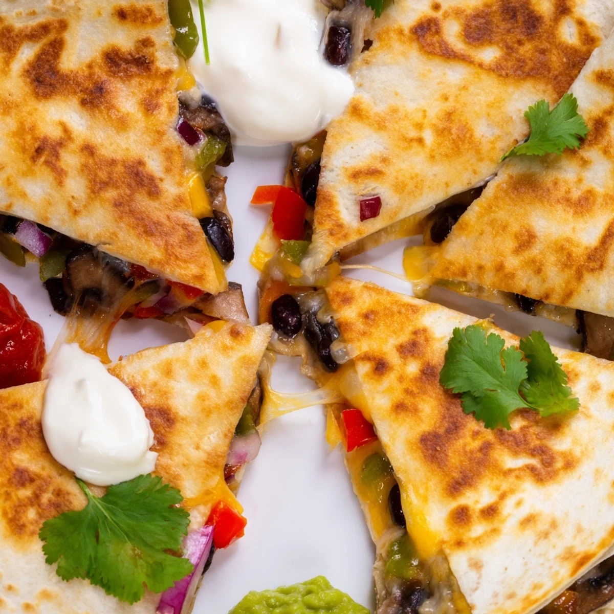 Crispy quesadillas filled with melted cheese served with sour cream salsa and guacamole