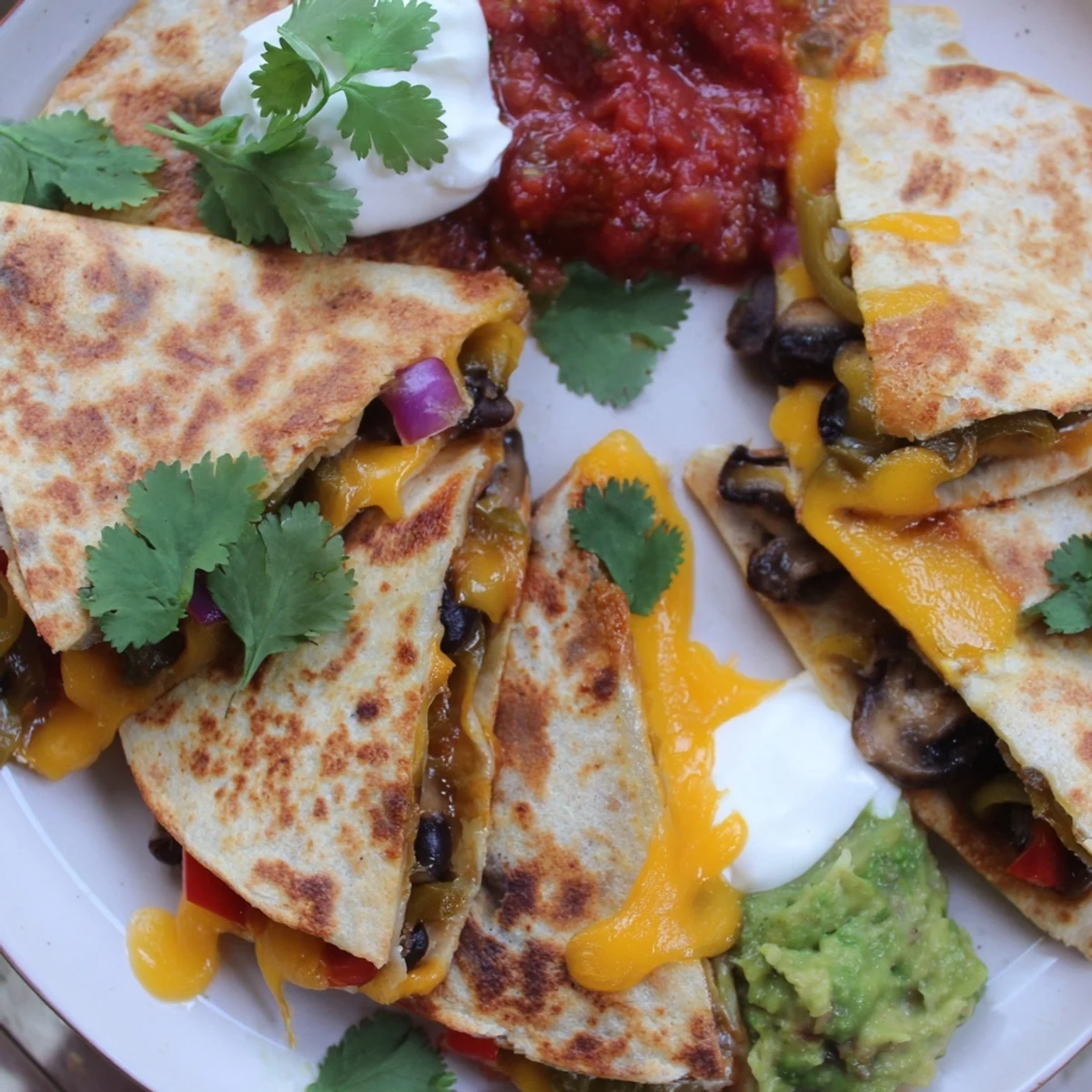 Mexican quesadillas cooking in skillet with golden tortilla and gooey melted cheese inside