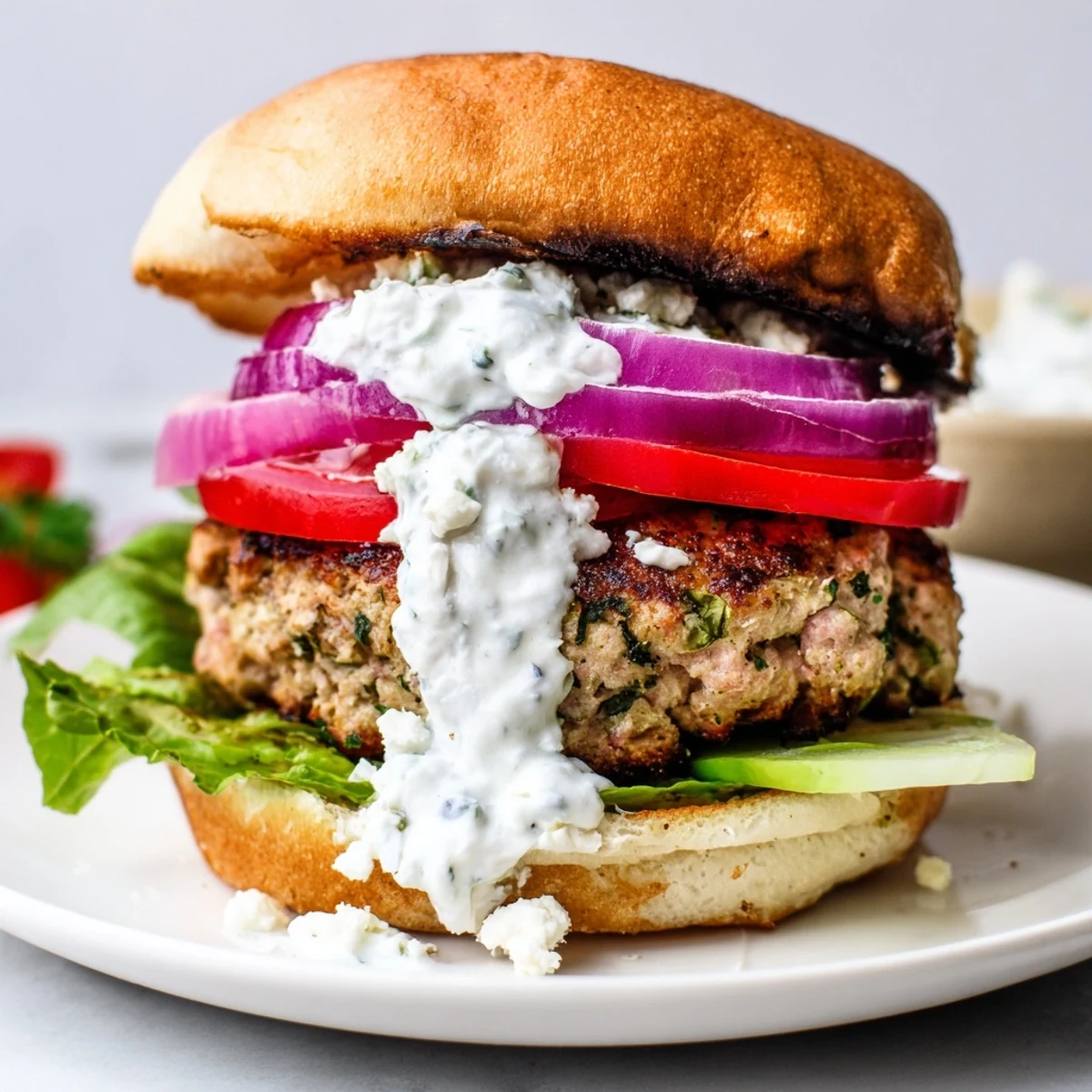 Succulent grilled chicken patties with feta cheese nestled in toasted buns alongside tangy tzatziki