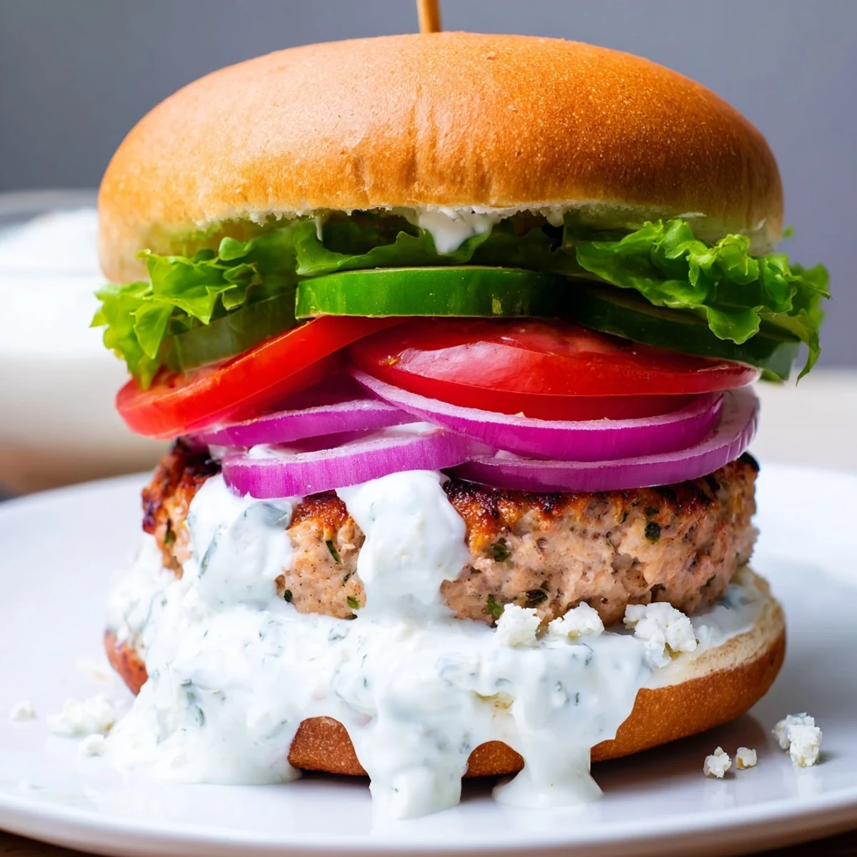 Mediterranean style chicken burgers sizzling on a grill pan with herb yogurt sauce ready for serving