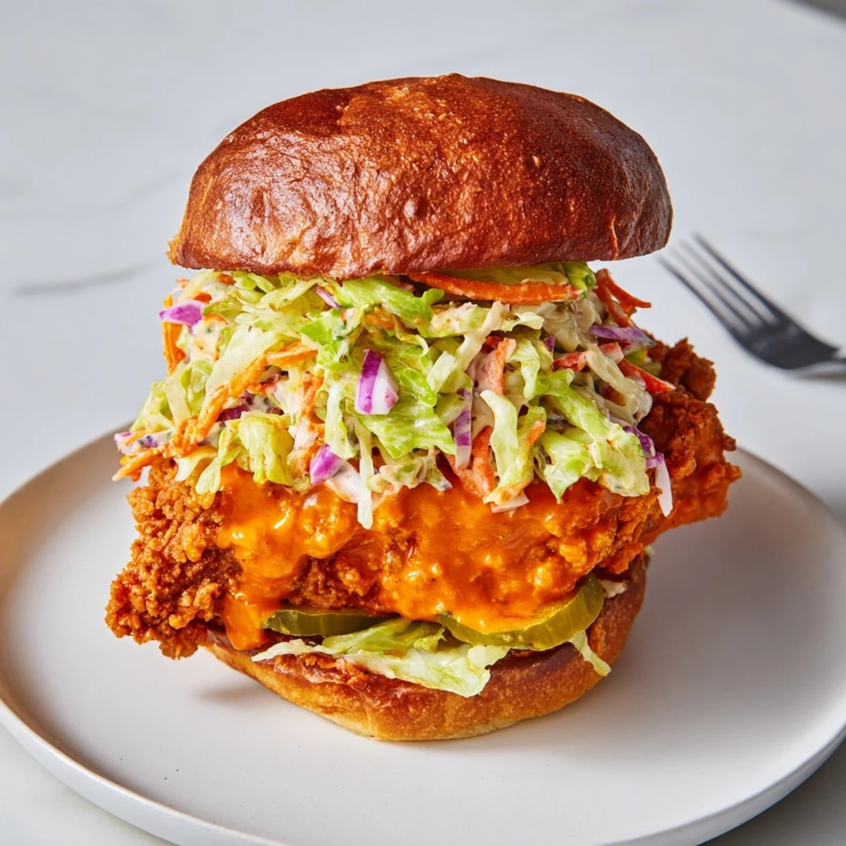Crispy chicken fillet coated in orange buffalo honey sauce topped with cool ranch coleslaw and dill pickles on soft bun