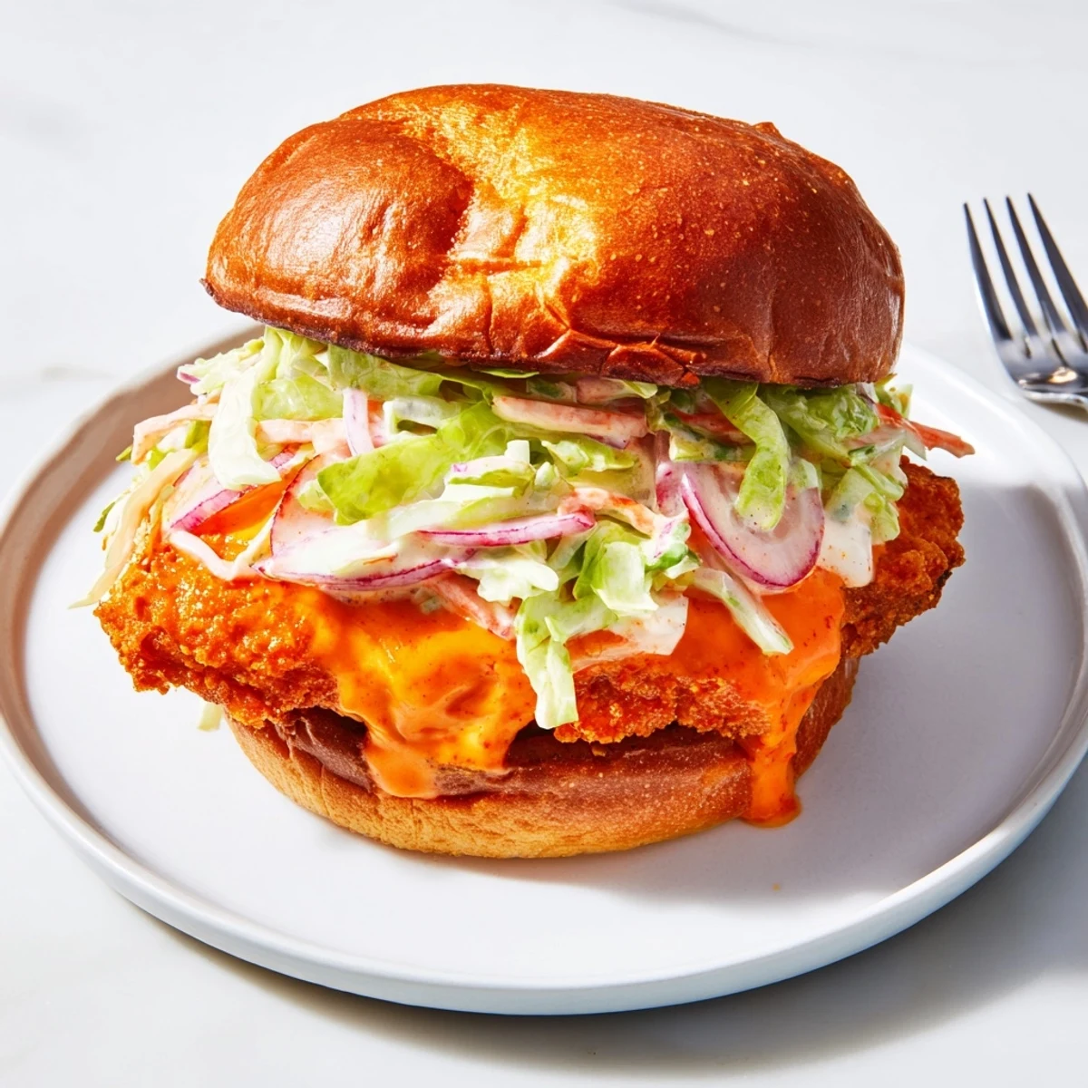 Saucy buffalo sandwich featuring crunchy fried chicken topped with creamy vegetable slaw and fresh lettuce on golden brioche bread