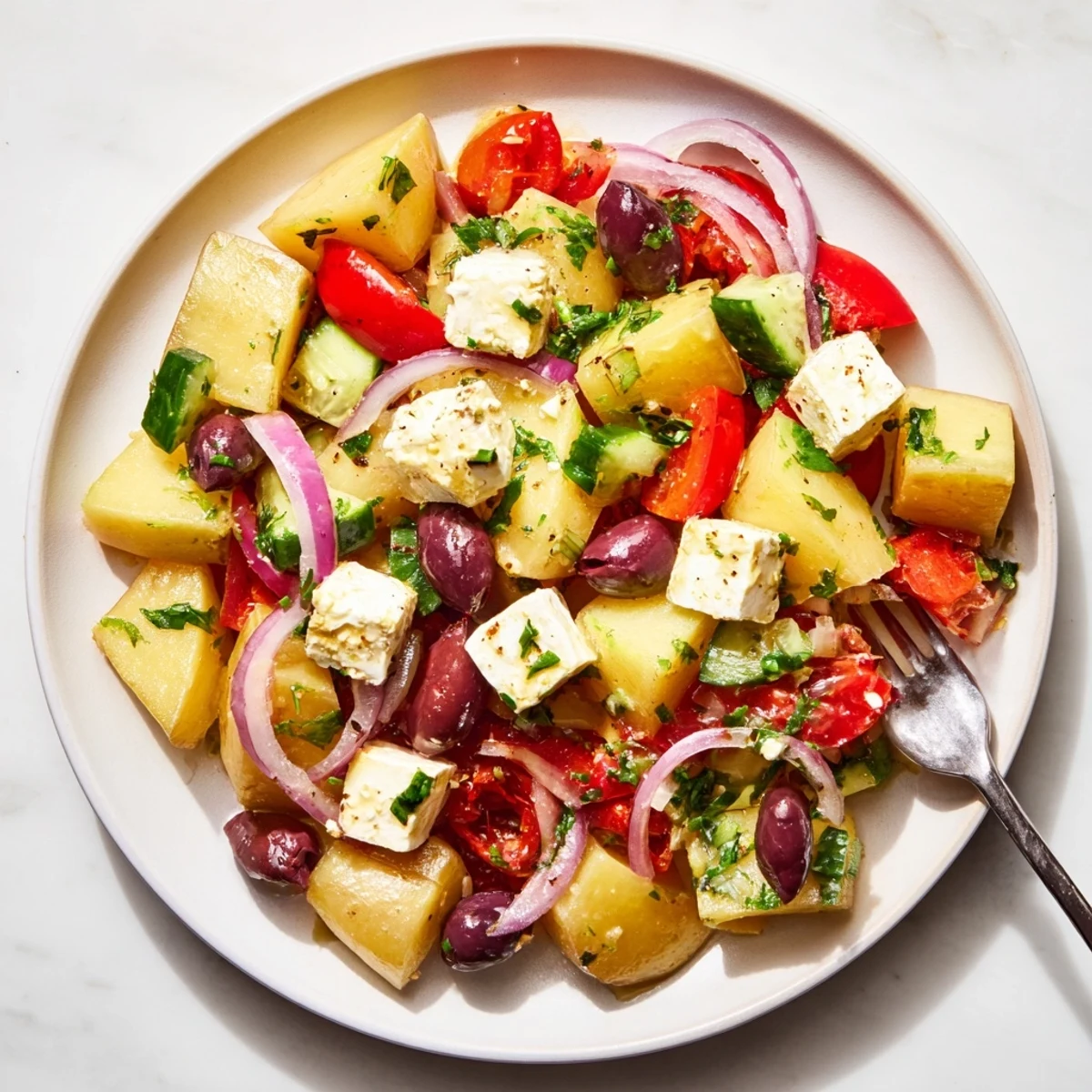 Colorful bowl of Greek potato salad with cherry tomatoes, cucumber, red pepper, and Kalamata olives