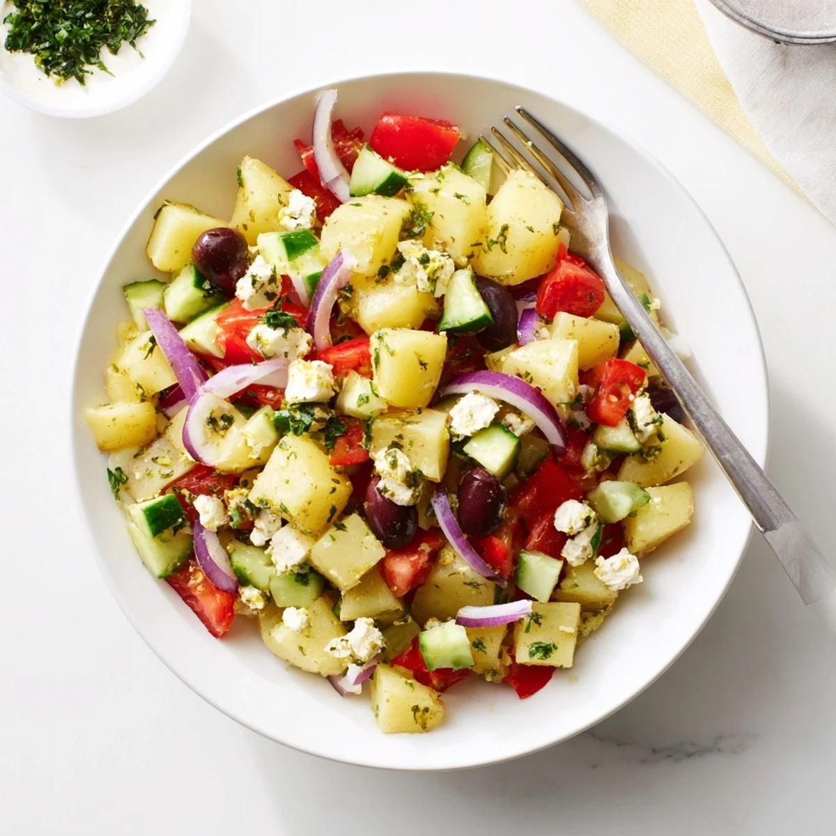 Greek potato salad featuring tender cubes, crisp vegetables, olives, and crumbled feta in lemon-oregano dressing