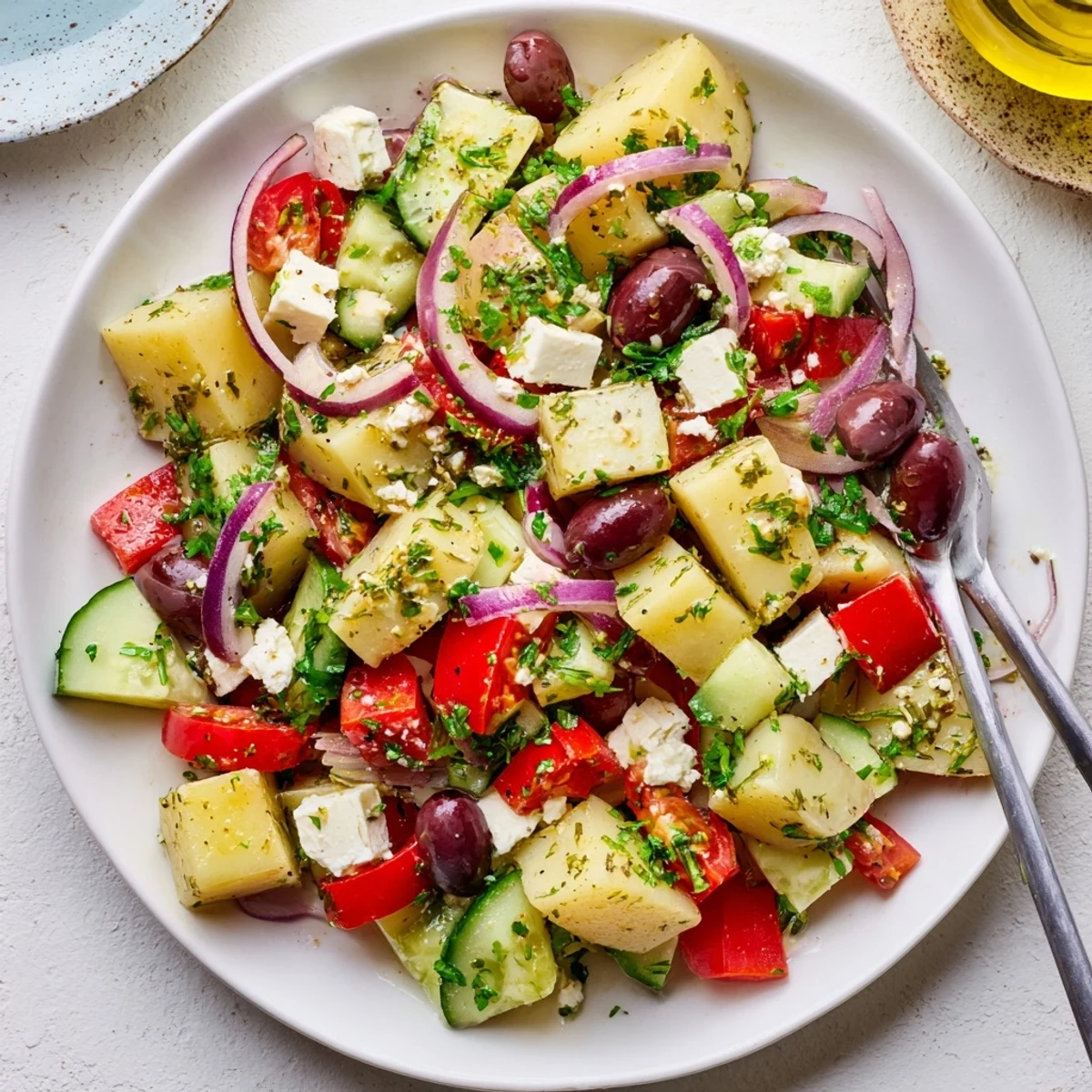 Mediterranean-style Greek potato salad tossed with zesty lemon dressing, fresh parsley, and creamy feta cheese