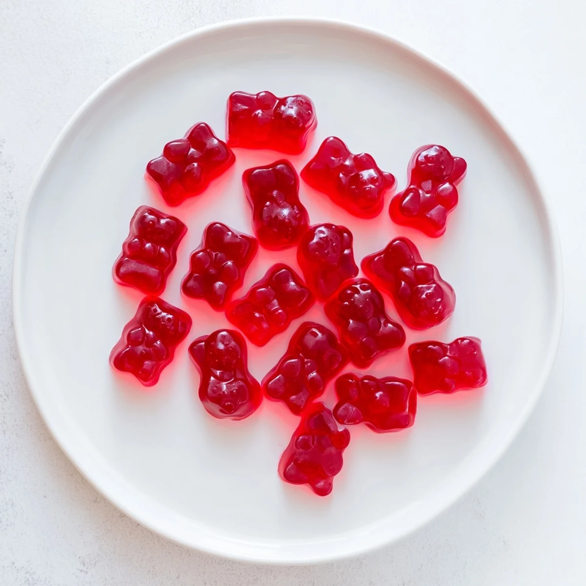 Chewy homemade strawberry gummies arranged on a white plate, glistening with natural fruit sweetness