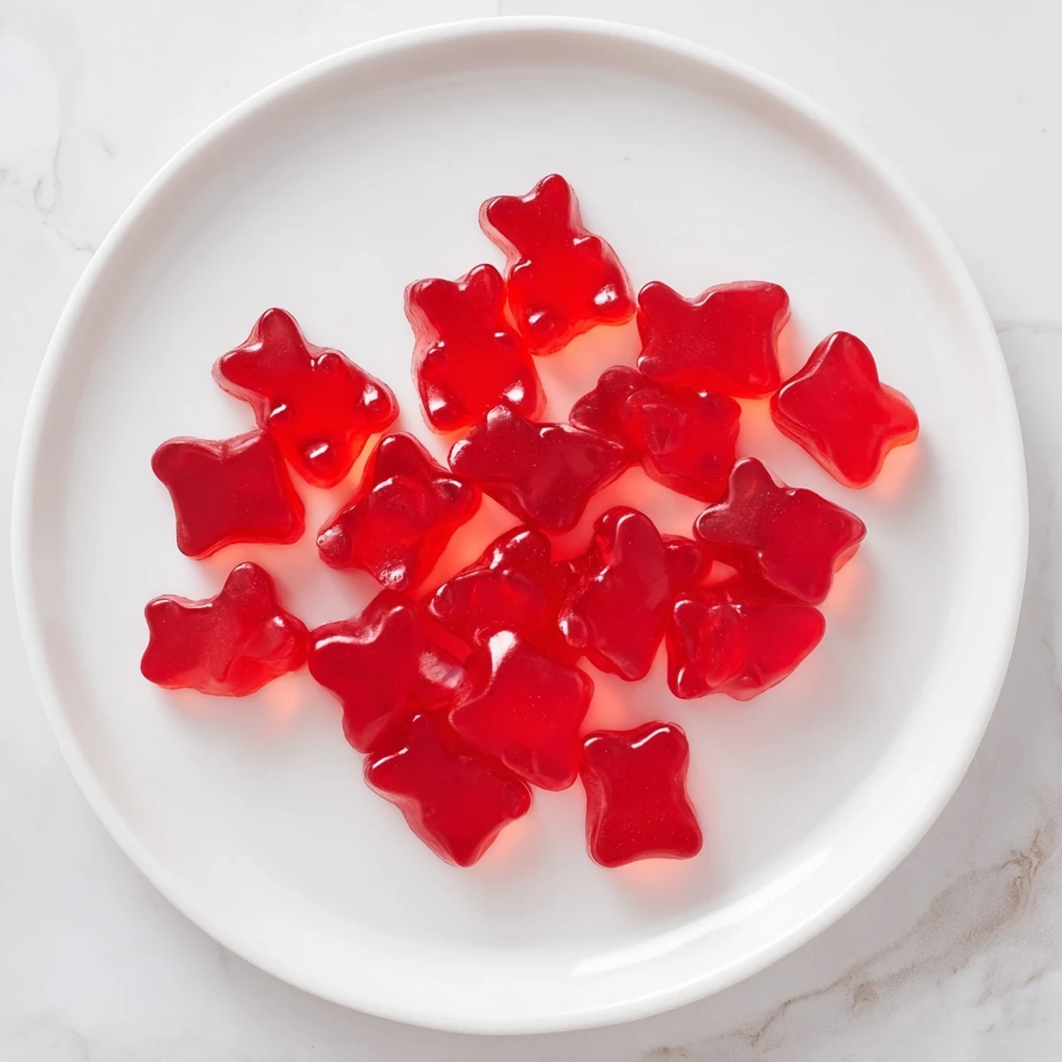 Fresh strawberry puree transforms into tender, heart-shaped homemade strawberry gummies on a marble surface